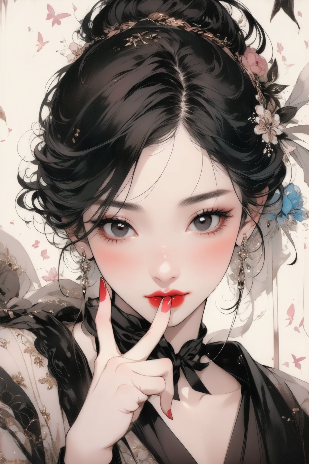 masterpiece,best quality,1girl,girl focus,detailed eyes,beautiful,aethetic,she was holding out her little finger,with applying lipstick with little finger,black eyes,beautiful female fingers,