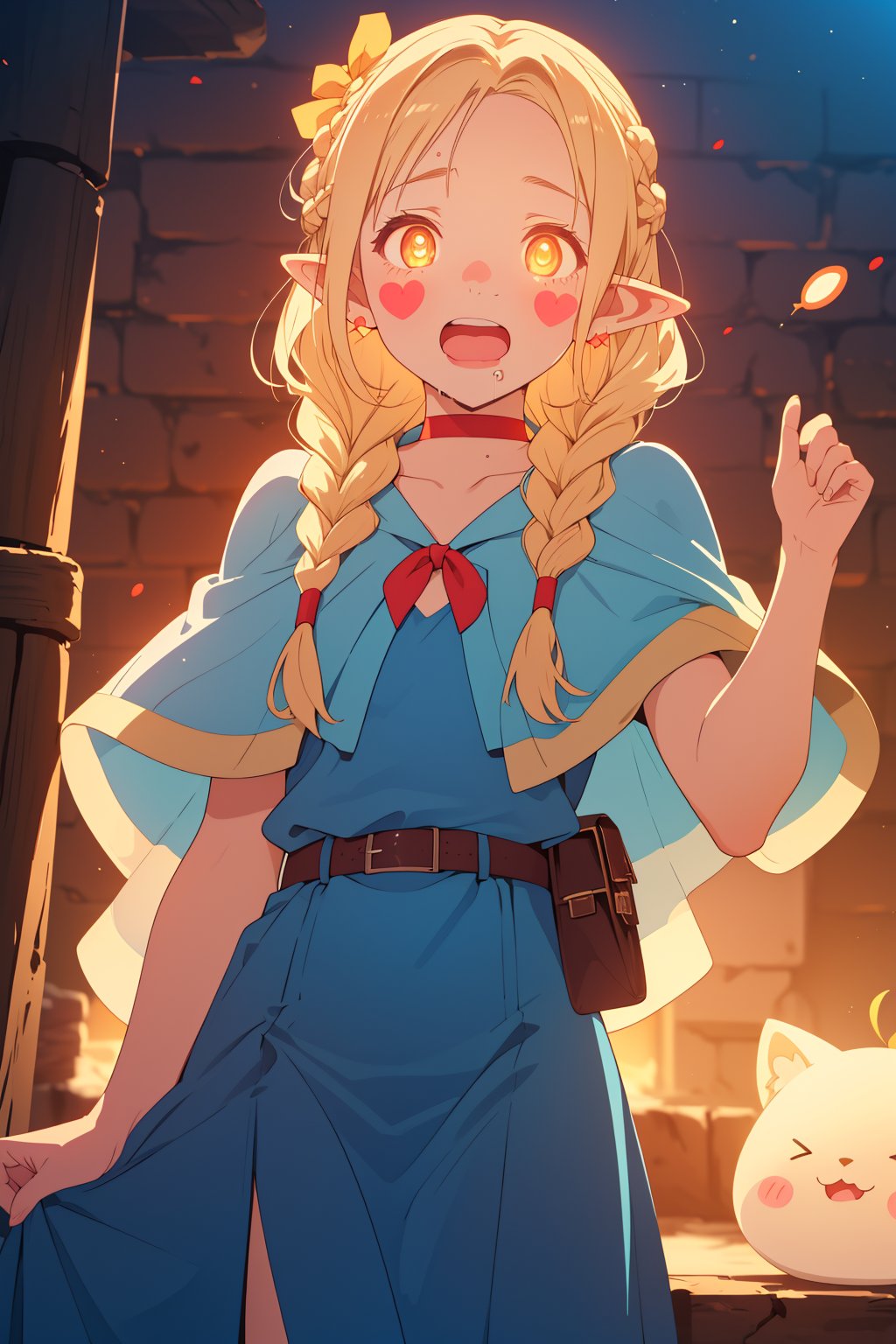 (masterpiece),4K,best quality,1girl,cowboy shot,marcille donato\donato marcille\(delicious in dungeon\),pointy ears,blonde hair,parted bangs,hair ribbon,red choker,light blue capelet,ribbon,dark blue dress,(long dress),brown belt,belt pouch, (french braid twin braids),dungeon,visual appeal,(open mouth,(glowing eyes,+ +),wavy mouth,drooling,blush stickers),