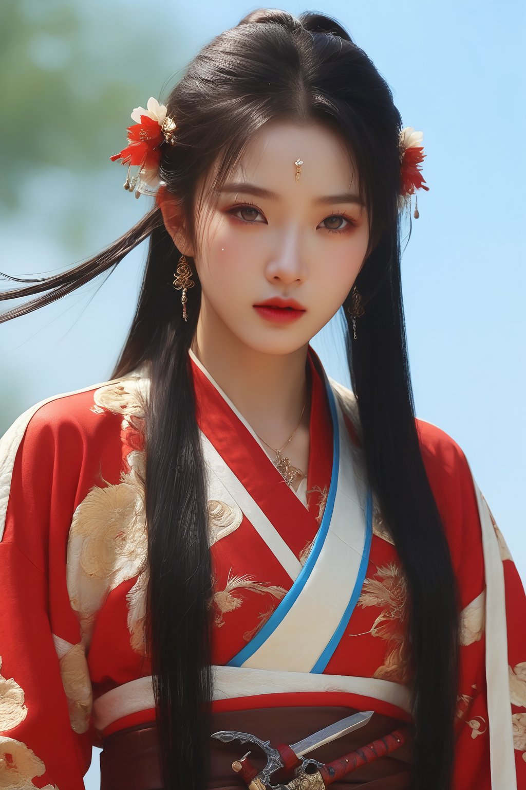 cowboy shot,(aesthetic),(perfect composition),(beautiful female fingers),(beautiful and heroic,cool and determined),(1girl,wuxia,detailed eyes,piercing eyes,ancient chinese swordsman costume),(perfect sword,metal reflective),(graceful posture),(beautiful rendering effect),(flying catkins effect,beautiful blur rendering),holding sword,emo,Expressiveh,concept art,qingyi,long black hair,hair ornament,3d,