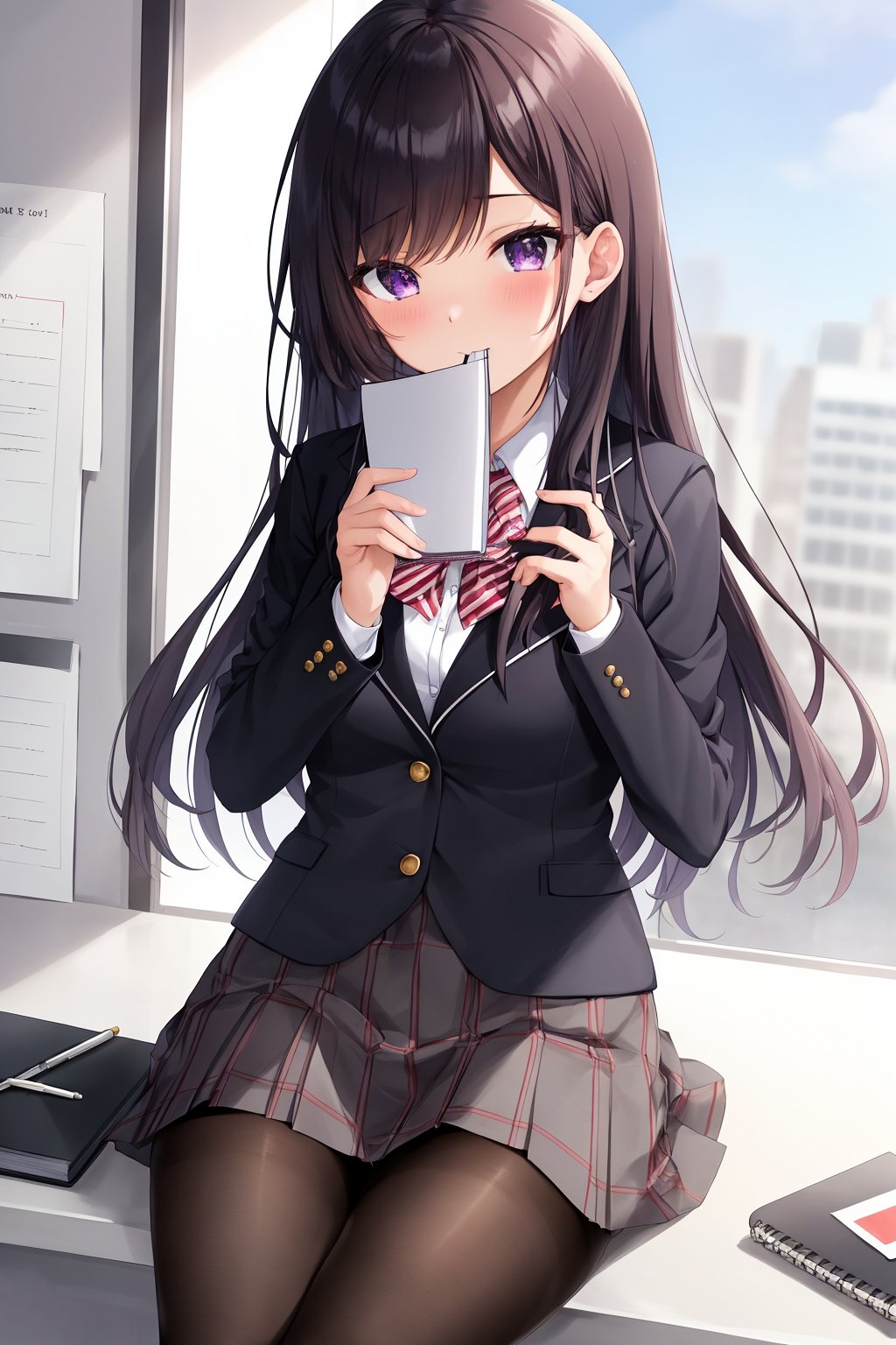 score_9, score_8_up, score_7_up, source_anime,(detailed eyes),Shouko Komi,1girl,(holding notebook),notebook with text thank you,((notebook with text as "thank you")),(open notebook),(show notebook),(hands up),english text,long hair,bangs,black hair,purple eyes,blazer,blush,red and black striped pleated skirt,thighband pantyhose,style_brush,(eyes highlights),window,notebook covered mouth,