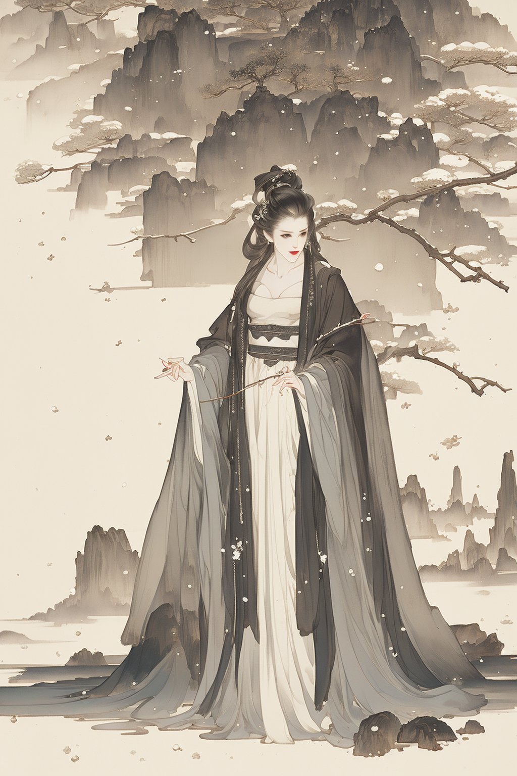 ((4k,masterpiece,best quality)),white,traditional chinese ink painting,1girl,((full body)),very long hair,hanfu,maxiskit,cleavage,((chiffon)),original,visual appeal,elegant posture,scenery,((snow scene)),(((insane details))),