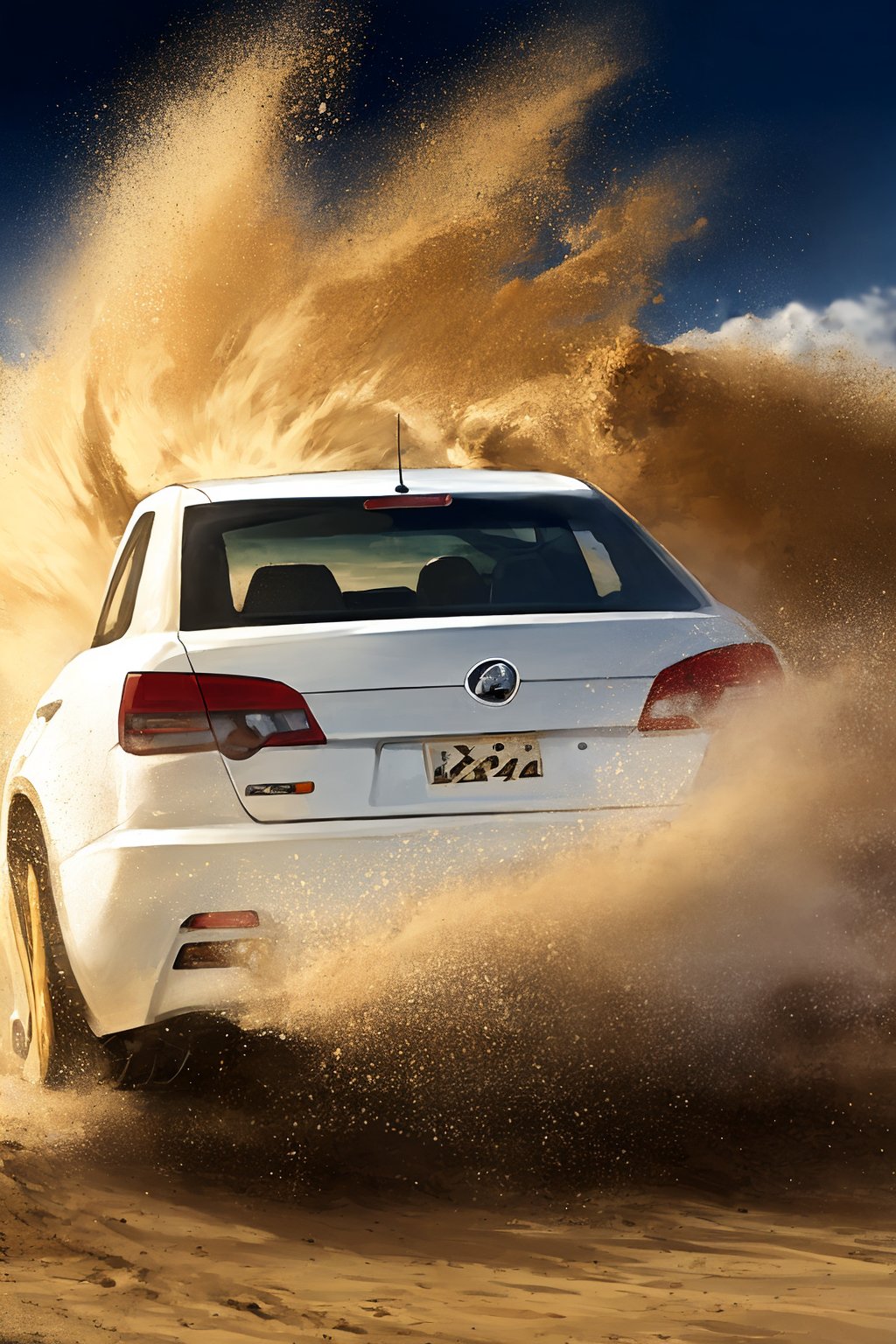 The white rally car is turning on the mountain road in Bayinbuluke, and a lot of sand and dust are kicked up from the rear of the car. oil painting,motion blur,sand dust,medium shot,(white rally car:0.9),