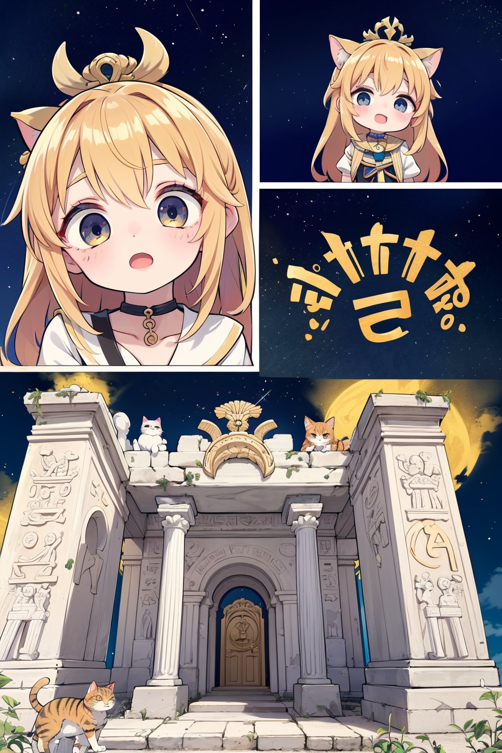 egypt theme background,egyptian characteristics,egypt,desert,worn stone pedestal amidst ancient temple ruins,ancient temple ruins,blue and gold hieroglyphics,tuya,anime chibi style,chibi,master's masterpiece,high resolution,absurdres,clear,excellent composition,cats,cutes,multiple cats,detailed filling,detail processing,