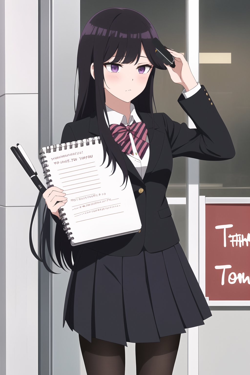 score_9, score_8_up, score_7_up, source_anime,(detailed eyes),komi shouko\,shouko komi\komi can't communicate\,1girl,(holding notebook),notebook with text thank you,((notebook with text as "thank you")),(open notebook),(show notebook),(hands up),english text,long hair,bangs,black hair,purple eyes,blazer,blush,red and black striped pleated skirt,thighband pantyhose,style_brush,(eyes highlights),window,notebook covered mouth,