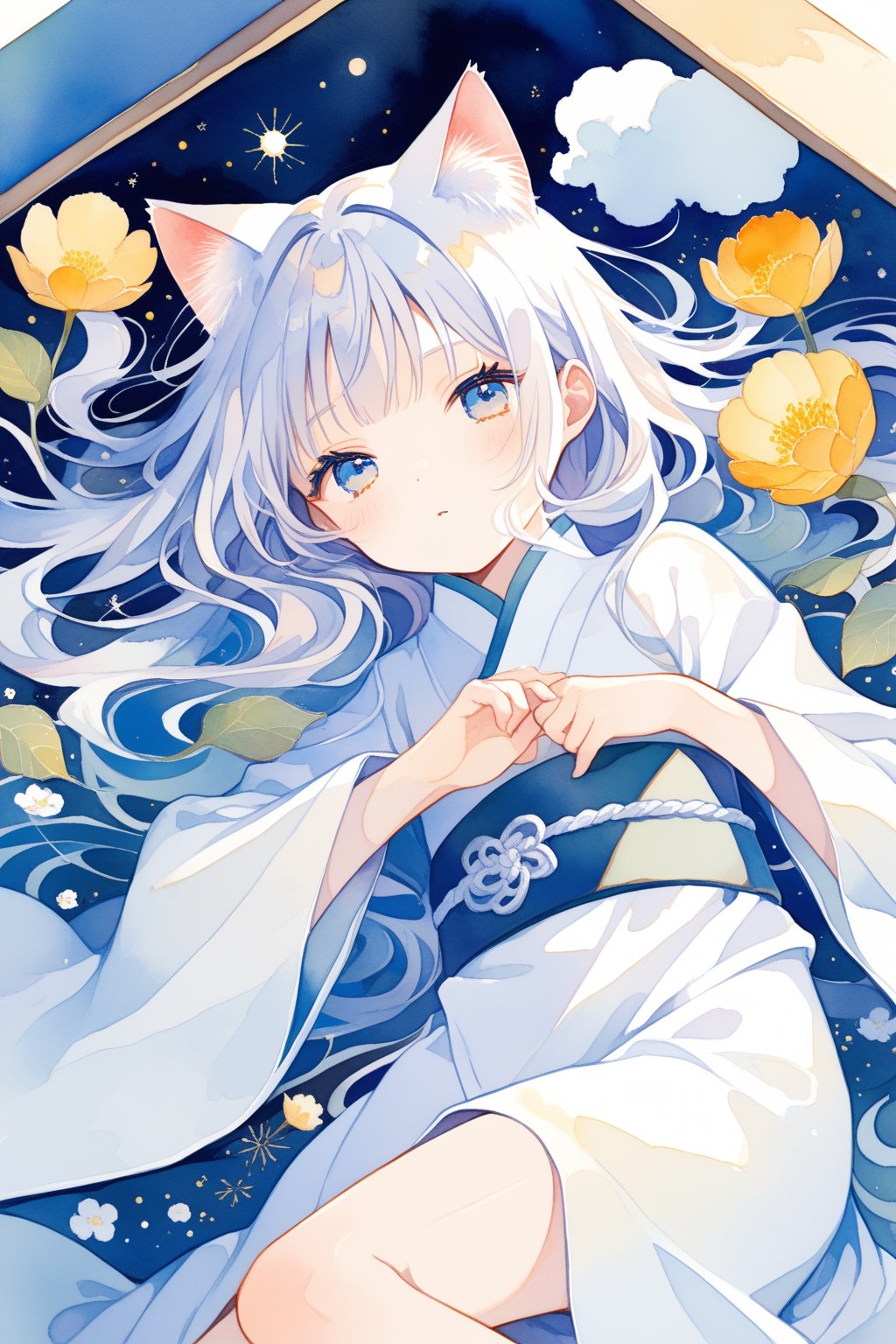 score_9,score_8_up,score_7_up, ,masterpiece,best quality,shota,delicate and charming,long hair,wide sleeves,cloud patterns,chinese clothes,white robe with light blue accents,light blue belt,lying on her side,curled up pose,(lying in a box),sagawa,cat ears,cat tail,white hair,flower,watercolor \(medium\),