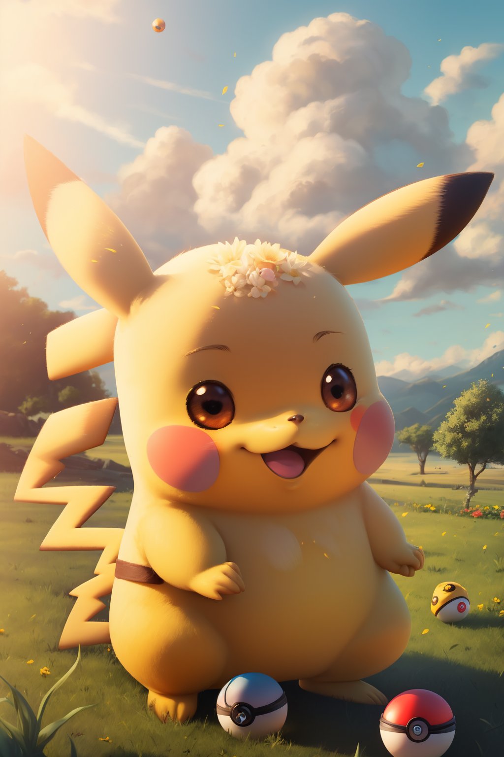 (4K,masterpiece,best quality),(create the cutest pikachu),pikachu\(pokemon\),holding,poke ball \(basic\),(holding a poke ball),no humans,grass,flowers,atmospheric particles,natural lighting,