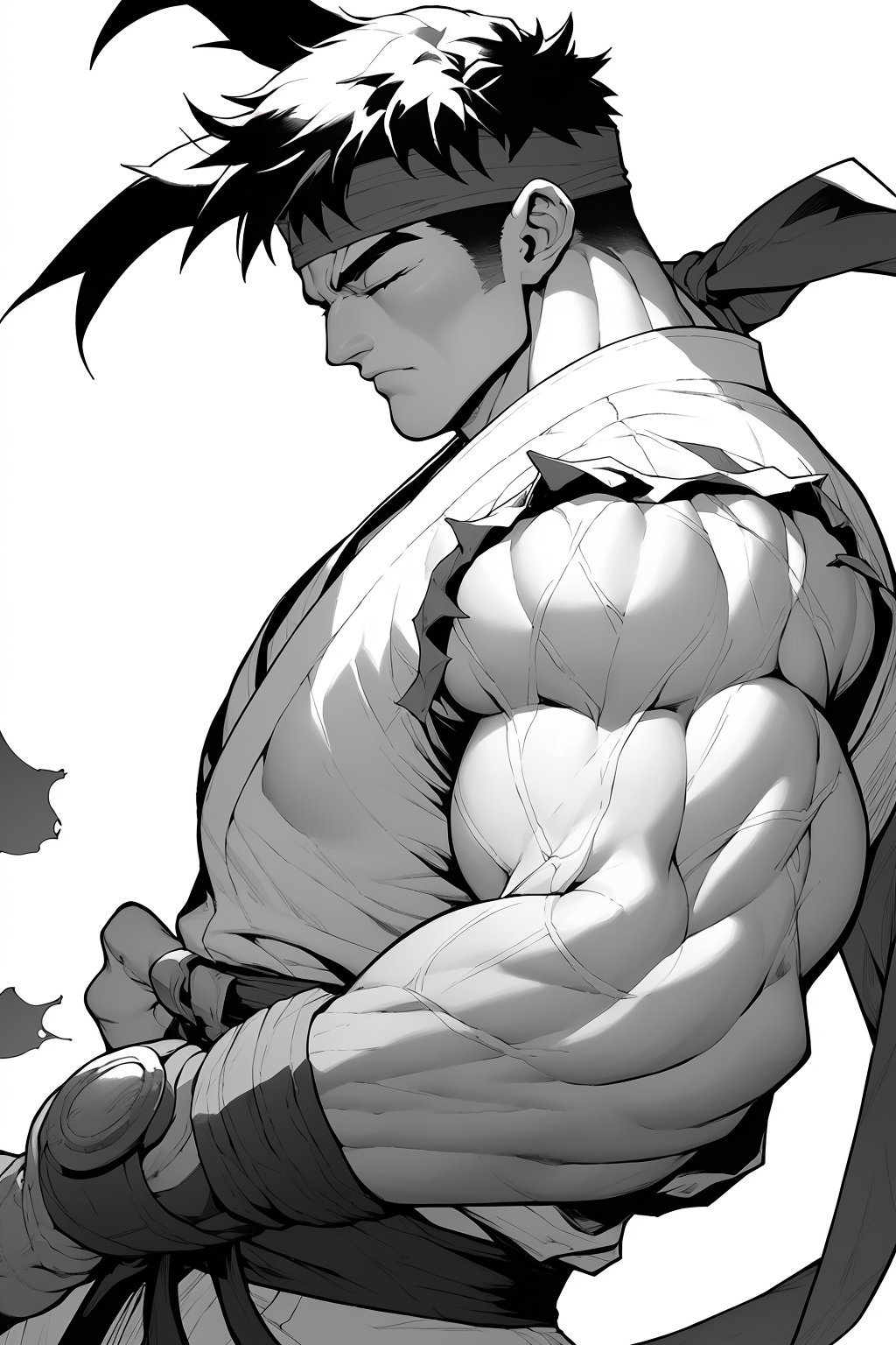 masterpiece,4K,best quality,ryu \(street fighter\),(from side,short hair),headband,dougi,sleeveless,(torn clothes),dojo pants,martial arts belt,fingerless gloves,muscular,(glowing outlines,closed eyes,lineart,monochrome),