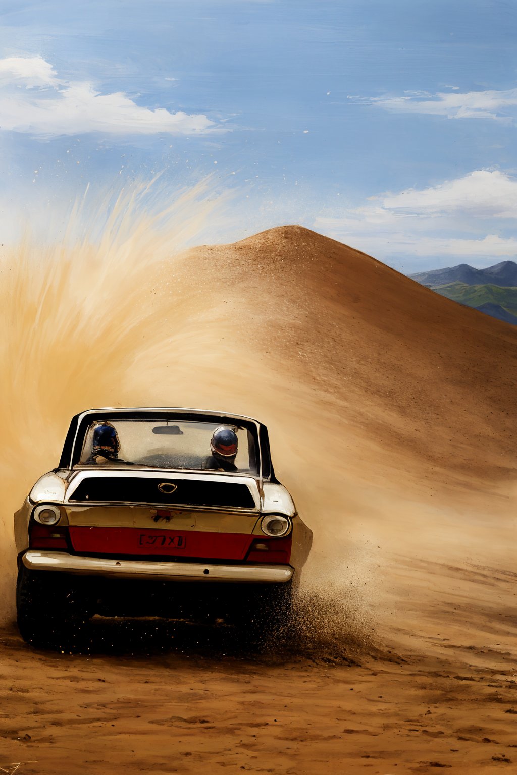 The white rally car is turning on the mountain road in Bayinbuluke, and a lot of sand and dust are kicked up from the rear of the car. oil painting,by Delacroix,motion blur,sand dust,medium shot,