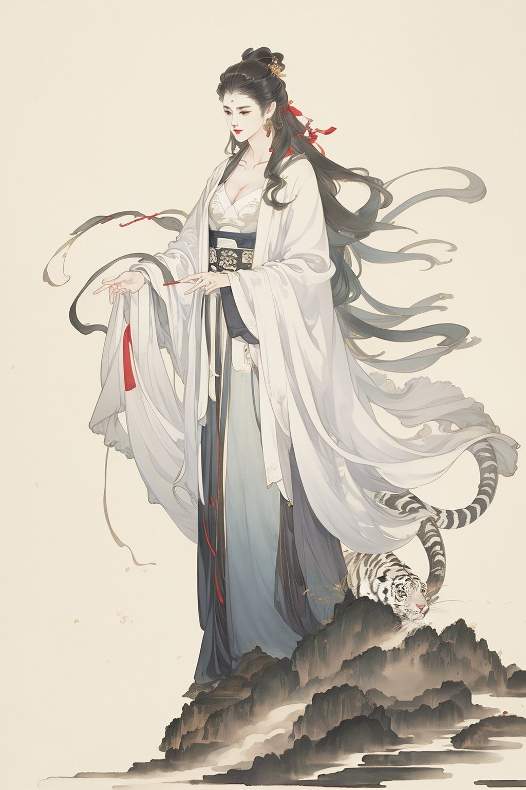 ((4k,masterpiece,best quality)),white,traditional chinese ink painting,1girl,((full body)),very long hair,hanfu,maxiskit,cleavage,((chiffon)),original,visual appeal,dynamic pose,(fantastic scenery),((white tiger)),