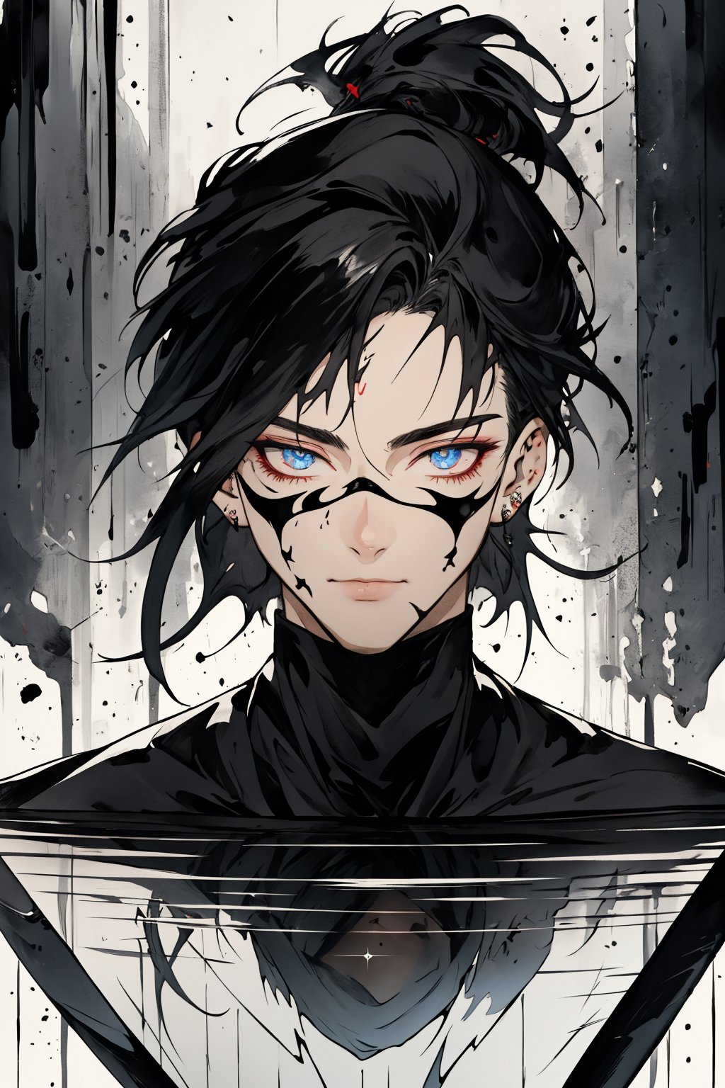 1boy,beautiful man,beautiful detailed face,extremely detailed eyes,extremely excellent composition,visual appeal,ink style,aethetic,8k Ultra HD,mask,covered mouth,(blade:1.3),(reflection:1.3),piercing eyes,