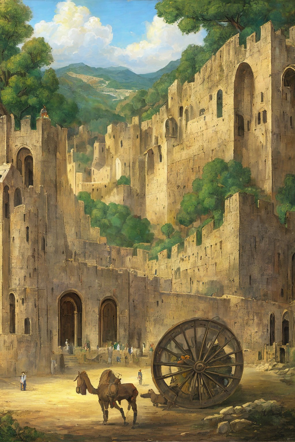 oil painting,parallel world,giant wood alpaca,similar to trojan horse,wheel,Made of wood,city ​​wall,helen of troy,by Delacroix,detail processing,army,castle,castle wall,castle gate,