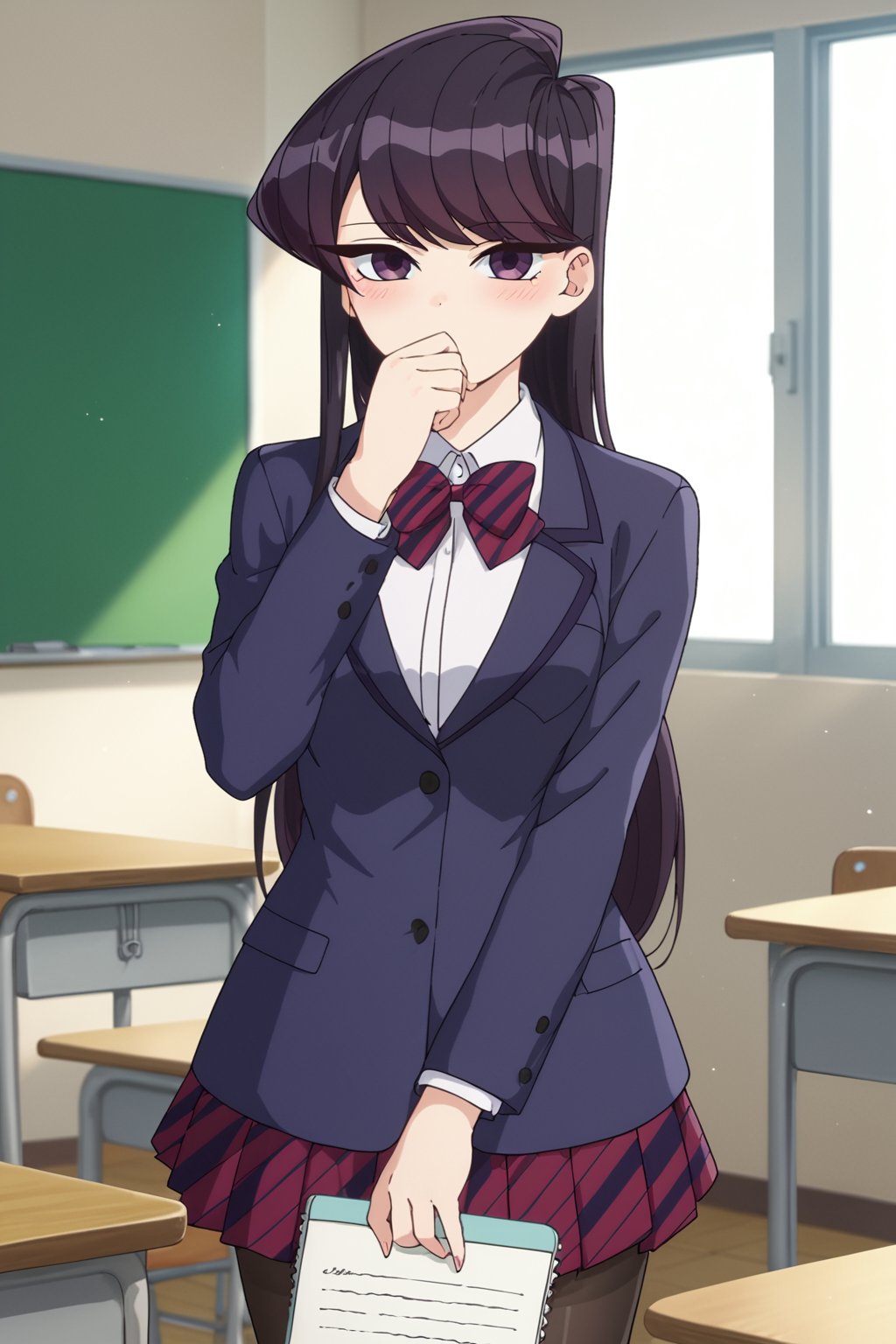 score_9, score_8_up, score_7_up, source_anime,(detailed eyes),komi shouko\,shouko komi\komi can't communicate\,1girl,cowboy shot,long hair,bangs,black hair,purple eyes,striped bow tie,dark blue blazer,white shirt,long sleeves,pleated skirt,black pantyhose,blush,holding,notebook,holding notebook,hand up,covering mouth,red and black striped bow tie,red and black striped pleated skirt,thighband pantyhose,miniskirt,((Notebook with text as "thank you" with pencil lettering)),school classroom,window,