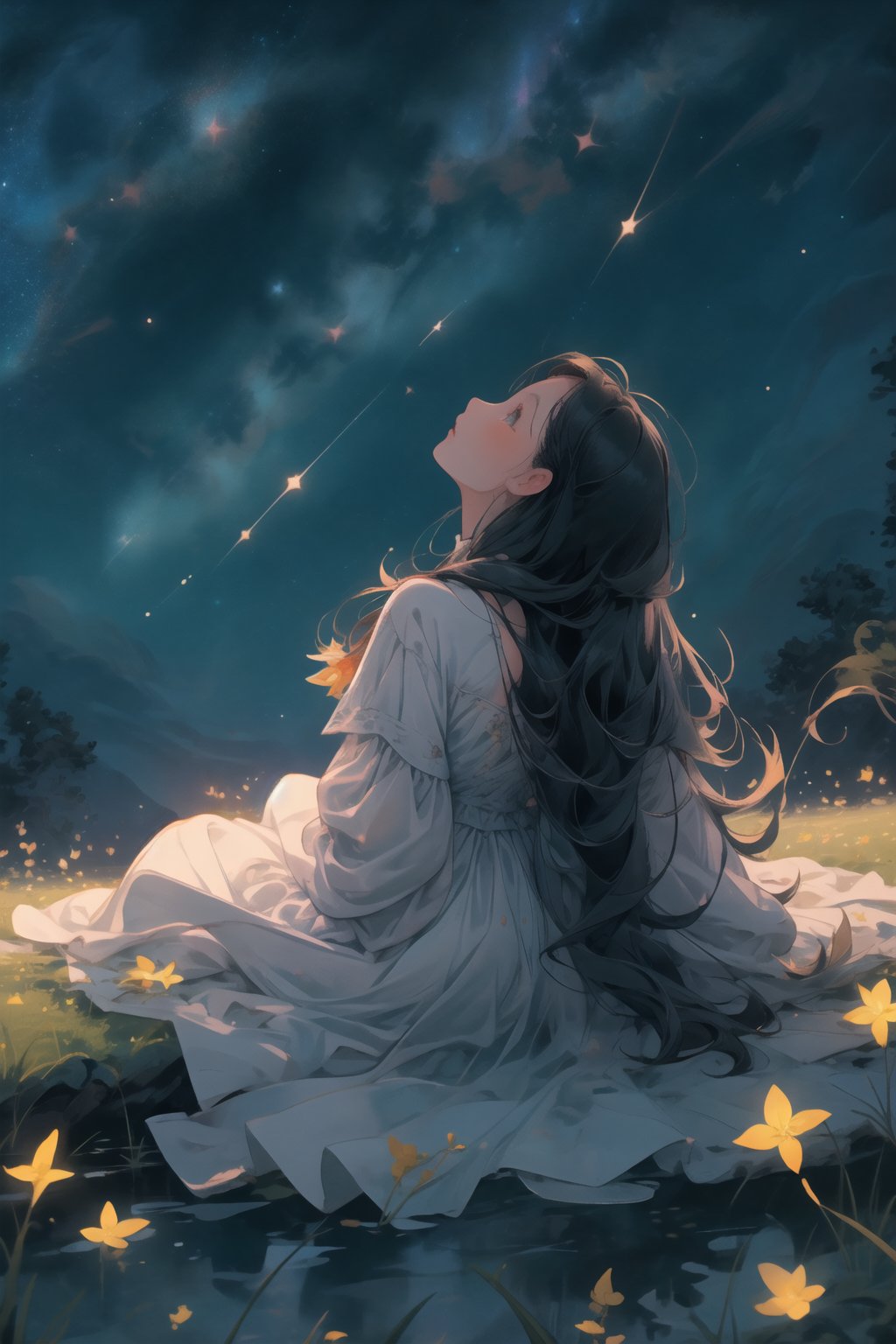 score_9, score_8_up, score_7_up, ,(masterpiece,best quality,4K),1girl,black hair,long hair,white dress,grassland,sitting on the grass,(night),moon,starry sky,look up,back view,((looking at the starry sky)),full shot,water well focus,only hazy moonlight,