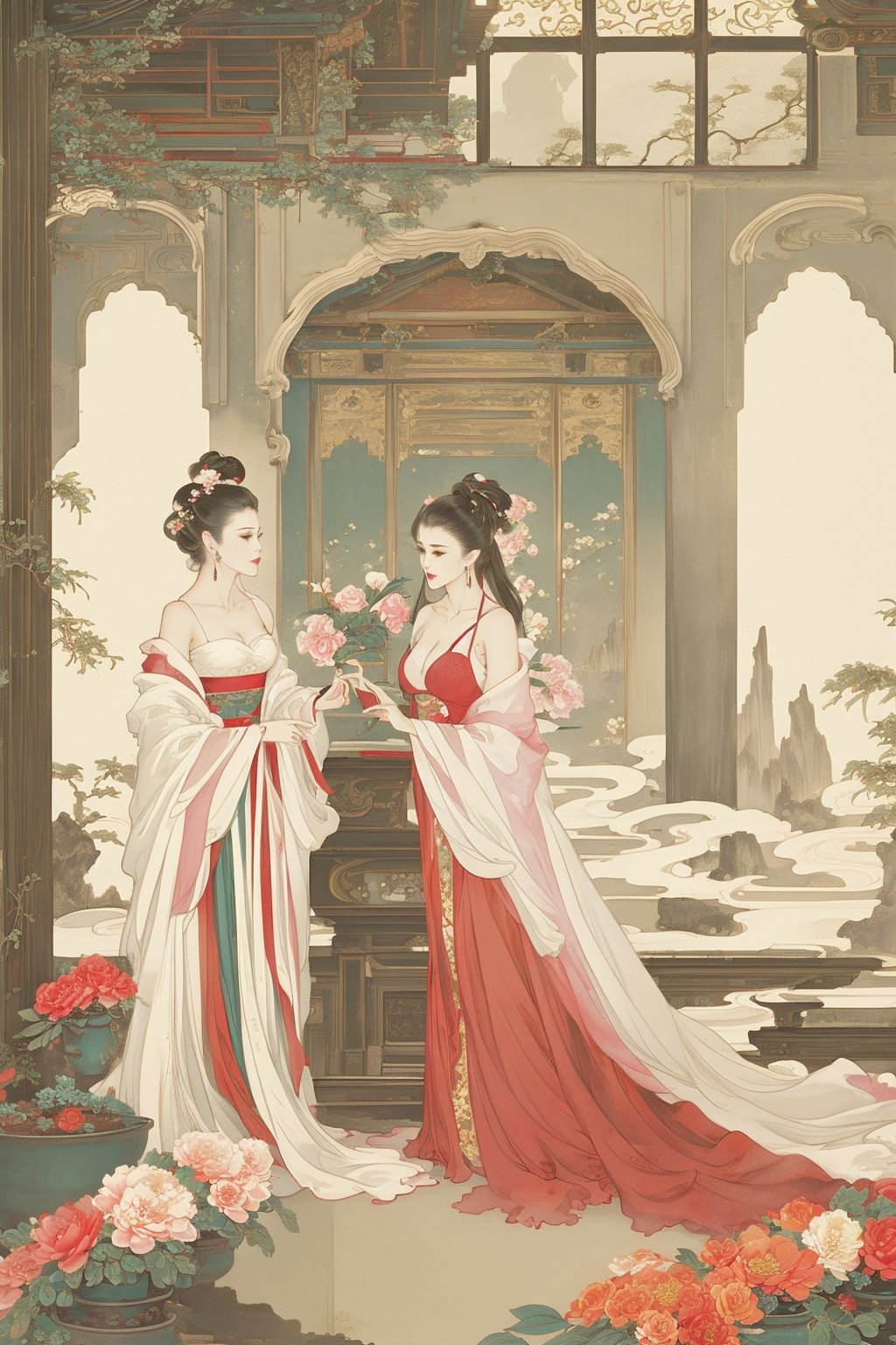 ((4k,masterpiece,best quality)),white,traditional chinese ink painting,1girl,((full body)),very long hair,hanfu,maxiskit,cleavage,((chiffon)),original,enchanting radiance,visual appeal,dynamic pose,((flowers,architecture,dreamlike)),indoors,lying,window,ancient chaise longue,