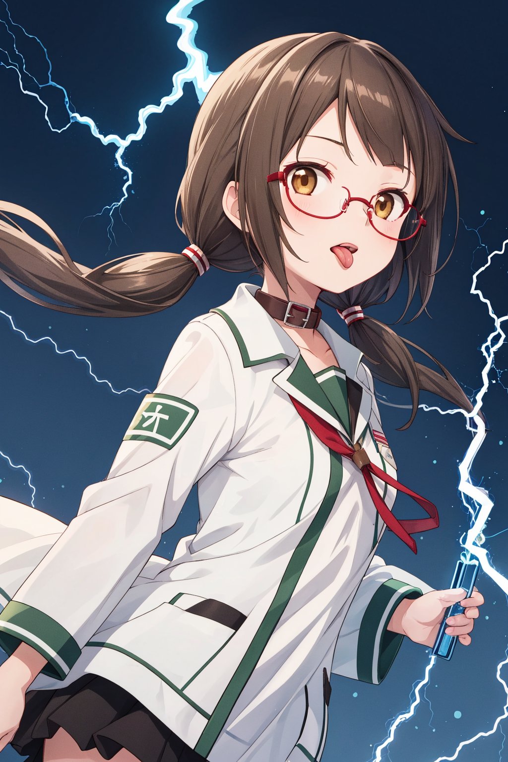 1girl,solo,parted bangs,brown hair,long hair,messy hair,brown eyes,green stand collar jacket,low twintails,Stand collar,glasses,tongue,tongue out,parody,(electricity: 1.2),Yozakura Quartet\,Kotoha Isone\,