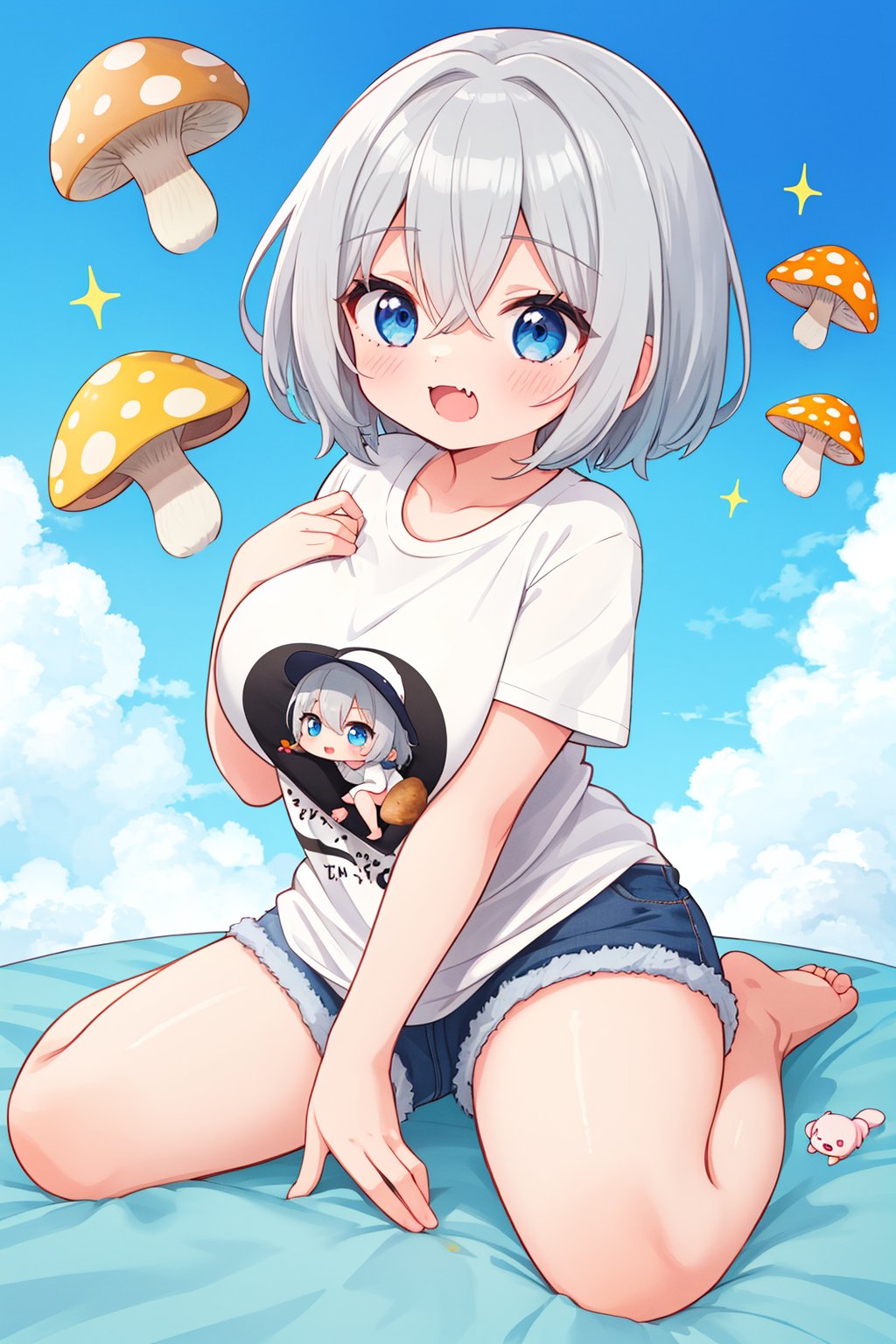 1girl,Magical POP Illustration,chibi,large breasts,short hair,blue eyes,bangs,skin fang,grey hair,hair between eyes,wide t-shirt,boyfriend style,short sleeves,barefoot,only wear t-shirt,white t-shirt,too big clothes,loose,no pants,much bigger clothes,mini girl,wariza,Life-sized mushroom,sitting on mushroom,cute,kawaii,chibi style,