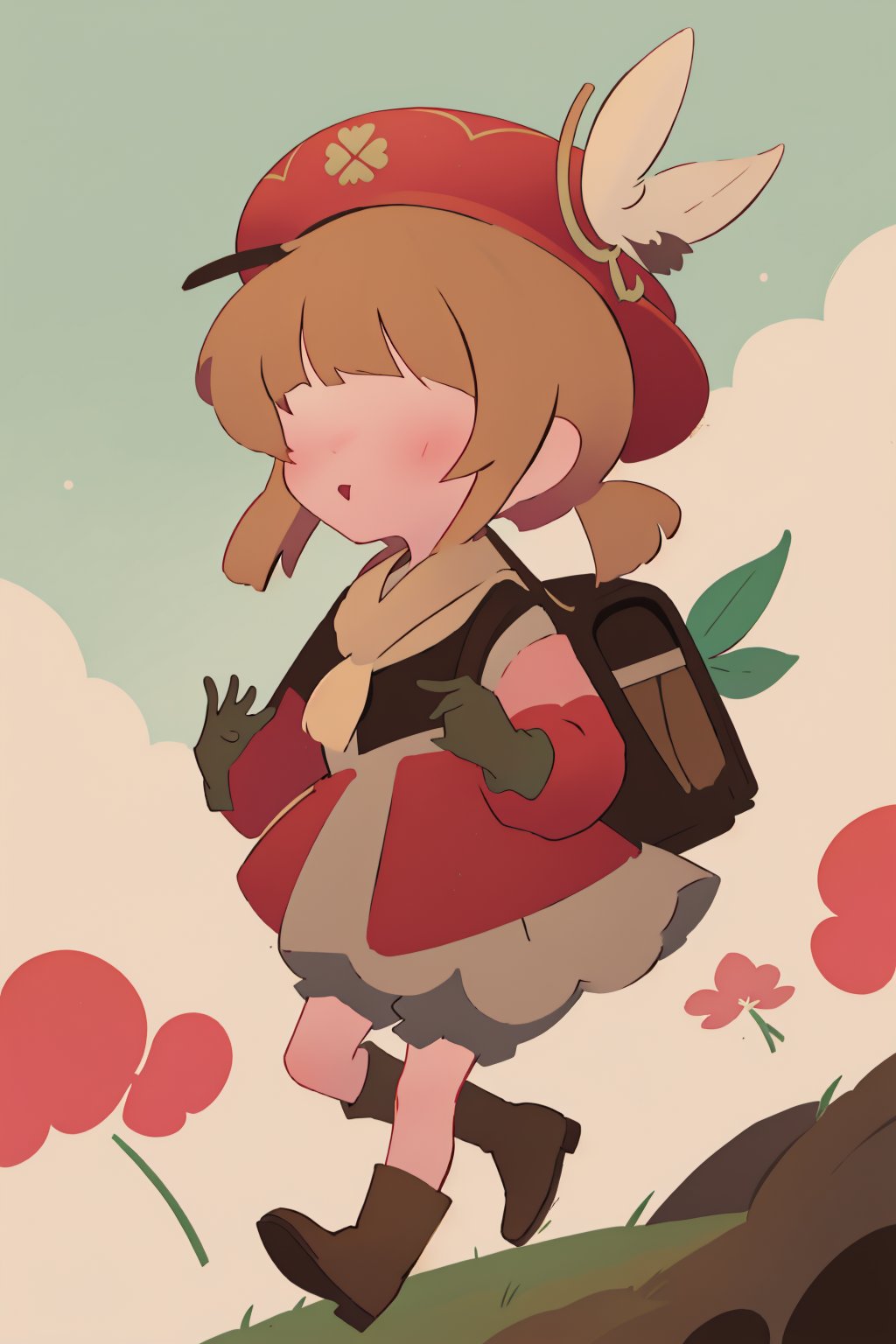 (anime minimalist,klee_genshin,masterpiece),perfect hands,little girl,brown scarf,clover print,hat feather,long sleeves,red coat,dress,bloomers,brown gloves,brown boots,randoseru,pocket,bag charm,from side,running,no facial features,open arms,