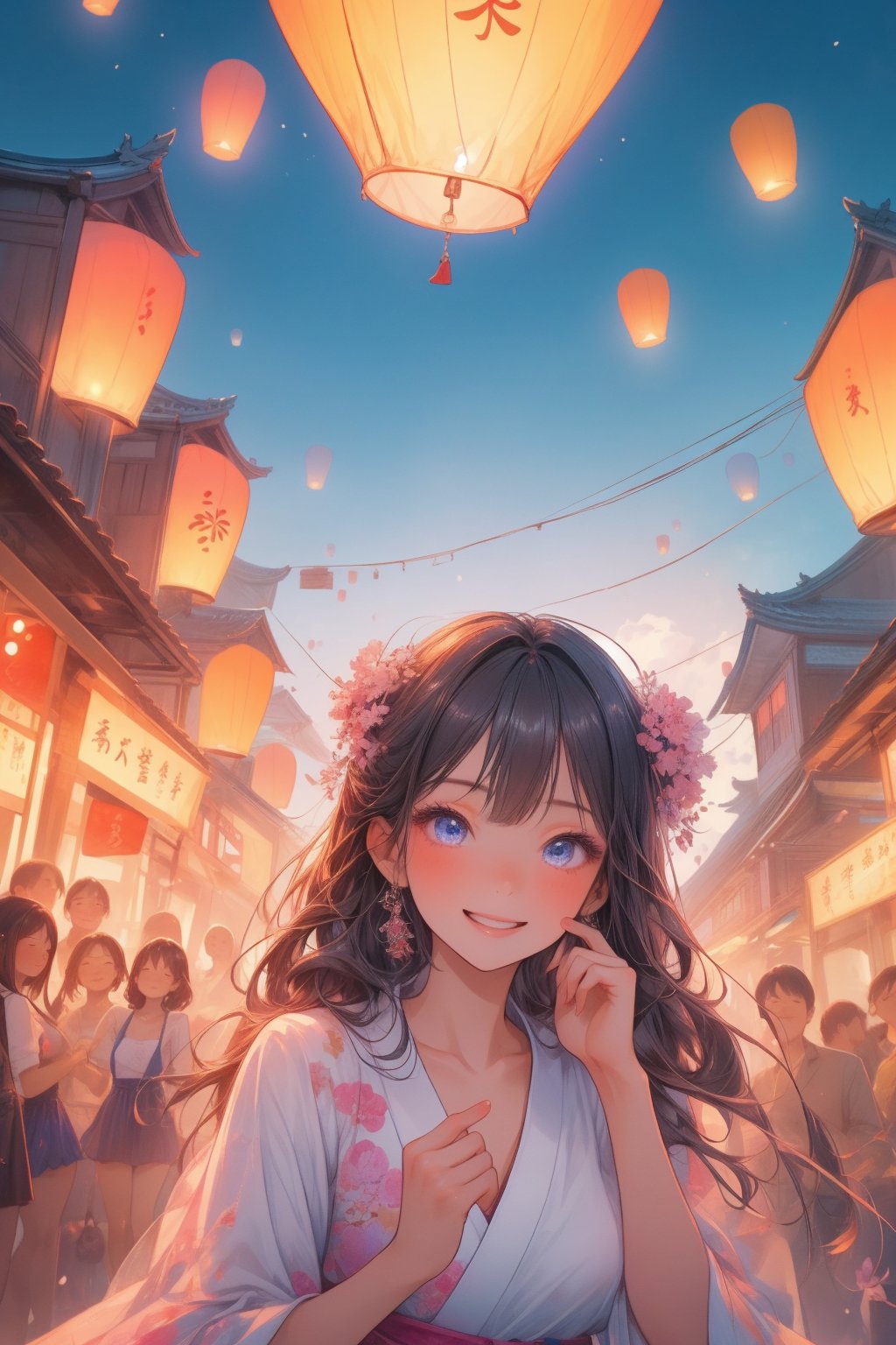 (masterpiece,best quality,4K),sky lantern,(2 girls),multiple people,visual appeal,expressiveh,volumetric light,east asian architecture,multiple sky lanterns,densely packed,laughter and joy,grinning,extremely detailed face,extremely detailed eyes,