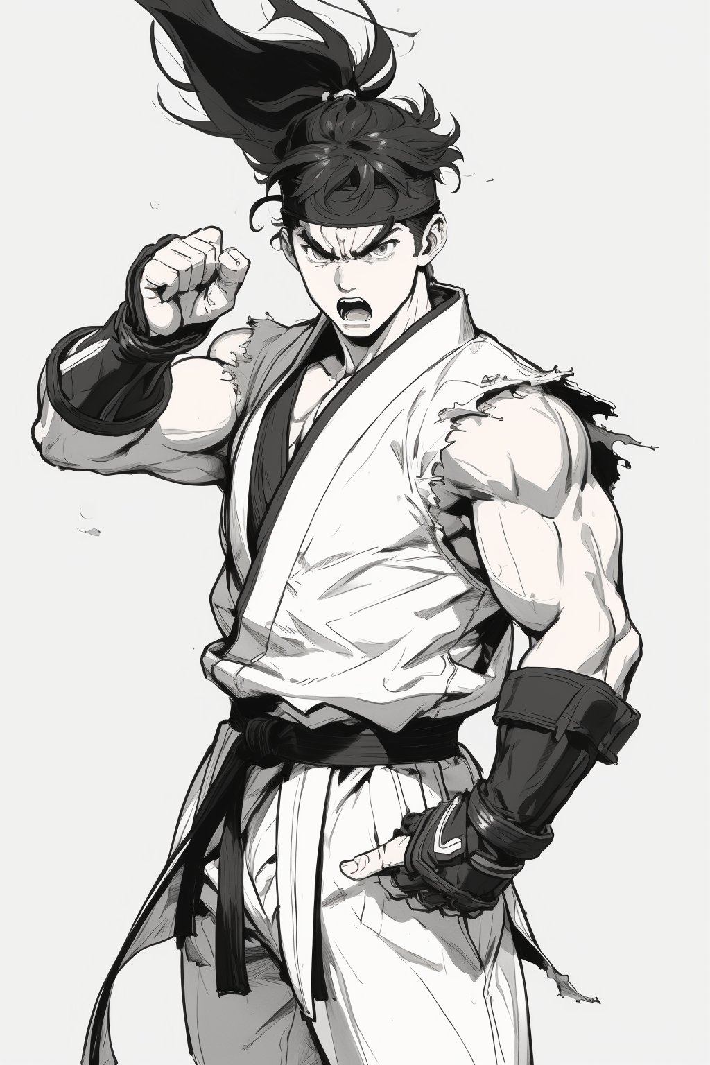 masterpiece,4K,best quality,ryu \(street fighter\),(cowboy shot,short black hair,detailed face,detailed eyes),black headband,white dougi,sleeveless,(torn clothes),white dojo pants,black martial arts belt,black fingerless gloves,barefoot,muscular,(35 years old),standing,fighting stance,dynamic angle,dynamic pose,(pencil sketch,monochrome),greyscale,simple background,intense face,angry,open mouth,sketchbook,pencil,