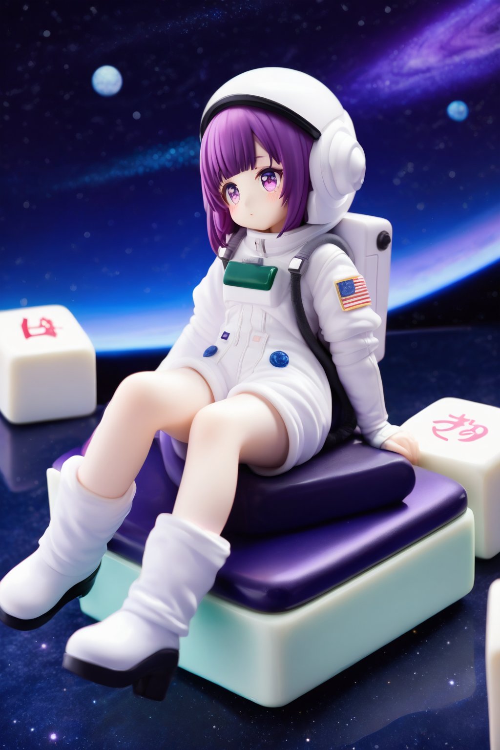 (1girl,little girl,girl focus),full body,kawaii,astronauts,(two giant mahjong),(sits on the giant mahjong tile),starry sky background,masterpiece,4K,best quality,fantasy,concept,(detailed eyes),meticulous,detail processing,((PVC Style)),space suit,spacesuit helmet,purple hair,purple eyes,(half open eyes),