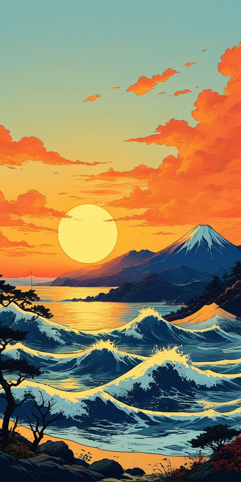 score_9, score_8_up, score_7_up, , rating_explicit, best quality, dot art, paint orange and yellow gradient sky using dot art, sun, waves, (ukiyo-e, nishiki-e, aesthetics), Meticulous details, no humans, stworki,