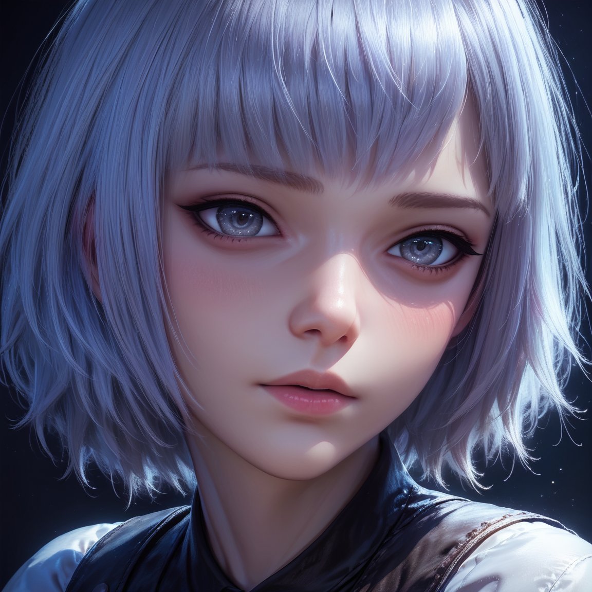 (score_9,score_8_up,score_7_up), ,(close up shot of face),(white hair),solo,best quality,delicate face,detailed facial features,detailed eyes,a bit cute,beautiful,gray eyes,short hair,blush,charming cold light background,TY,BYK,