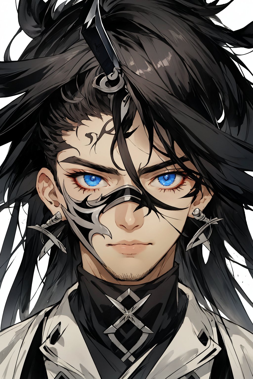 1boy,(blade close-up:1.3),beautiful man,beautiful detailed face,extremely detailed eyes,extremely excellent composition,visual appeal,ink style,aethetic,8k Ultra HD,mask,covered mouth,blade,reflection,piercing eyes,