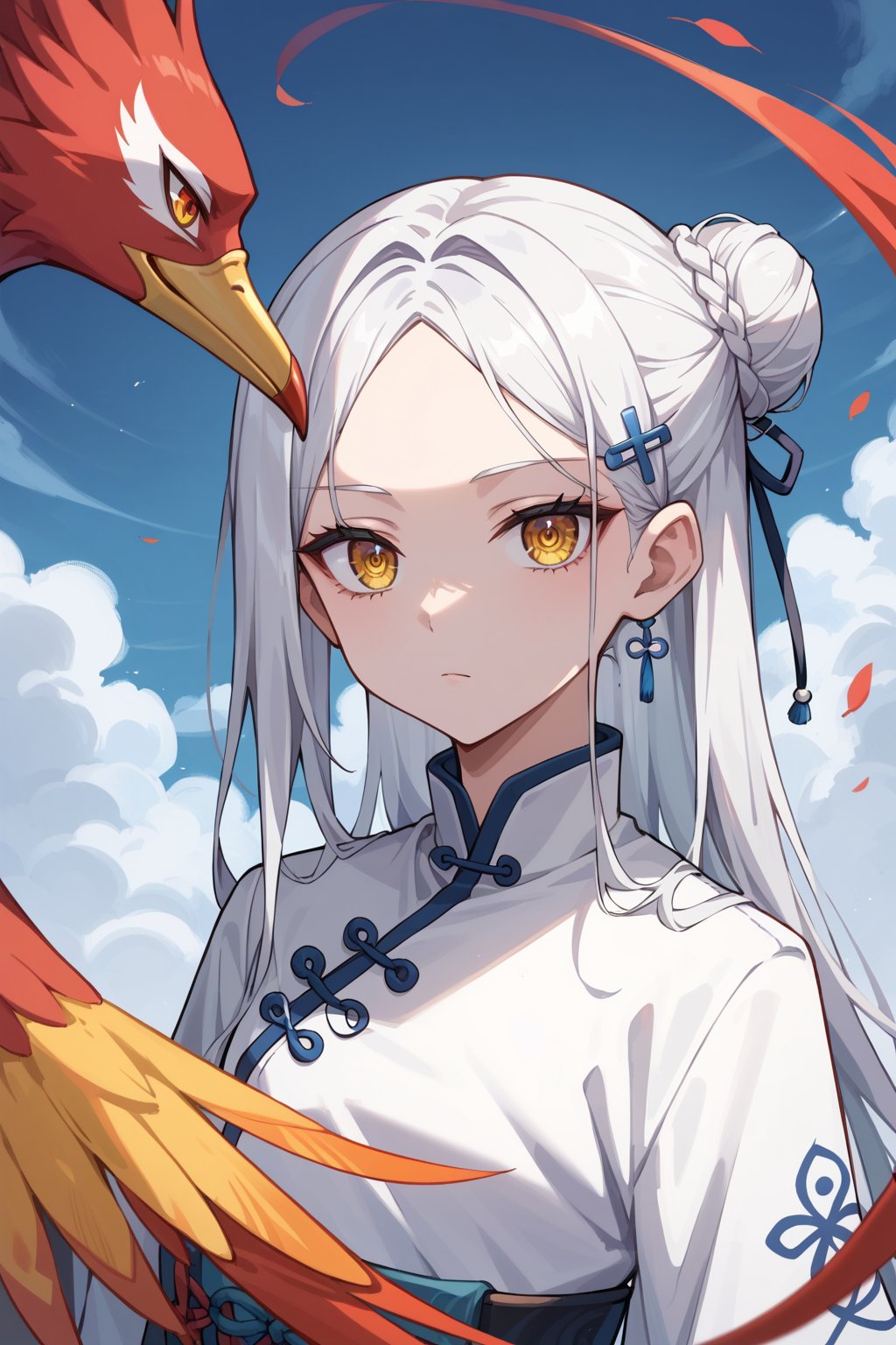 score_9,score_8_up,score_7_up, ,masterpiece,best quality,detailed eyes,yellow eyes,(phoenix eyes),beautiful and cool,long hair,waist length hair,long parted bangs,hair bun,black hair,long sleeves,1boy,upper body,wide sleeves,white headband with light blue accents,cloud patterns,expressionless,white hair tie,white hairpin,chinese clothes,hanfu,white robe with light blue accents,light blue belt,white cloth boots,Chinese ancient style architecture,