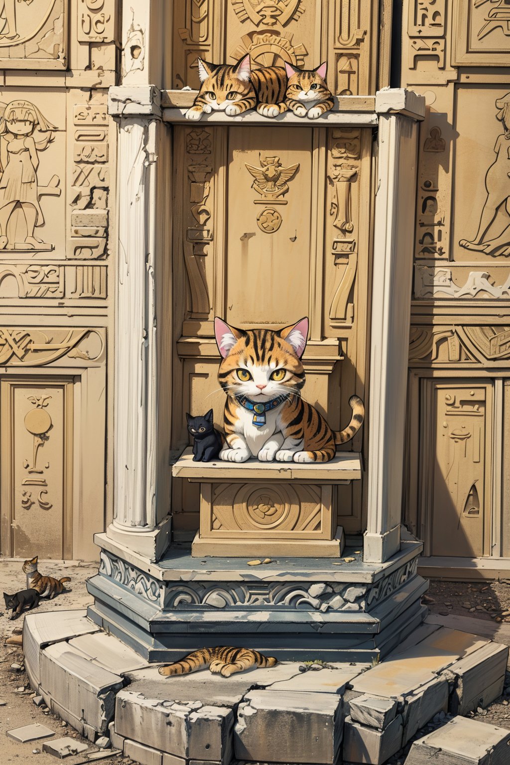 (detail processing: 1.2),egypt theme background,egyptian characteristics,egypt,desert,worn stone pedestal amidst ancient temple ruins,ancient temple ruins,blue and gold hieroglyphics,tuya,anime chibi style,chibi,master's masterpiece,high resolution,absurdres,clear,excellent composition,cats,cutes,(multiple cats: 1.2),detailed filling,