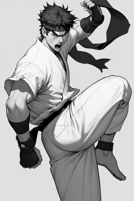 masterpiece,4K,best quality,ryu \(street fighter\),dynamic angle,short black hair,(detailed face,detailed eyes),black headband,white dougi,white dojo pants,black martial arts belt,black fingerless gloves,barefoot,muscular,35 years old,standing,(high kick),fighting stance,intense face,(pencil sketch,monochrome),greyscale,simple background,angry,open mouth,