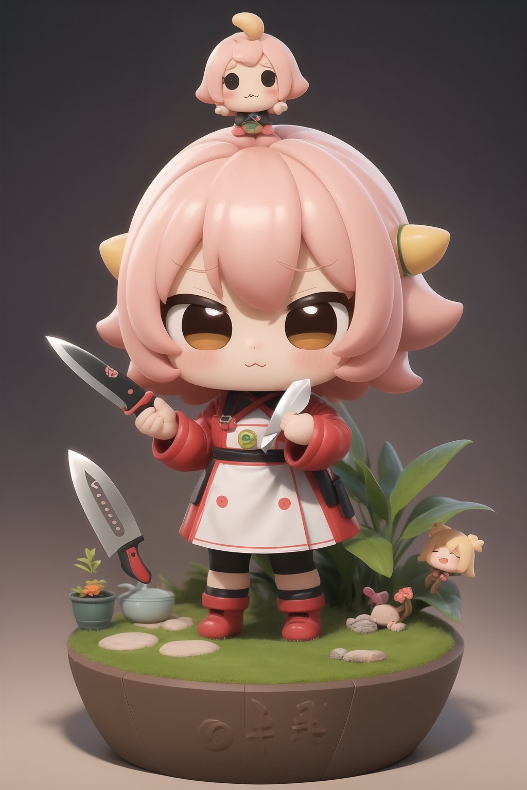 score_9,score_8_up,score_7_up, ,masterpiece,4K,best quality,a Q version character holding a massive,gleaming kitchen knife,chibi,kawaii,cute,cute expression,matte role,miniature garden,