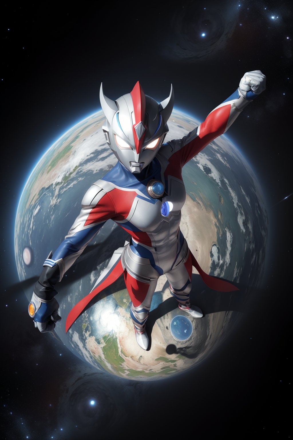 masterpiece,4K,best quality,(ultraman),(ultraman focus),(360 degrees photo to tiny planet),((from above)),360picture,((little planet)),concept art,(standing on the planet),dynamic pose,(make a fist),(round planet),((universe background)),star,holding a planet,((tiny planet)),red gloves,highly,space,(hold one hand high),the other hand is on the waist,