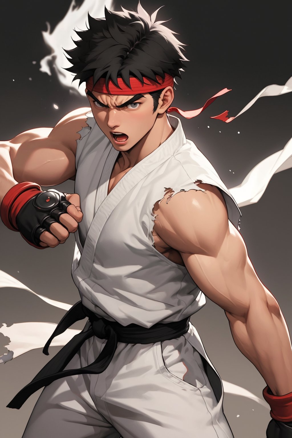 masterpiece,4K,best quality,(visual appeal),ryu \(street fighter\),(cowboy shot,short black hair,short hair,detailed face,detailed eyes),black headband,white dougi,sleeveless,(torn clothes),white dojo pants,black martial arts belt,black fingerless gloves,barefoot,muscular,(35 years old),standing,fighting stance,dynamic angle,dynamic pose,intense face,angry,open mouth,(glowing),Chinese landscape painting background,