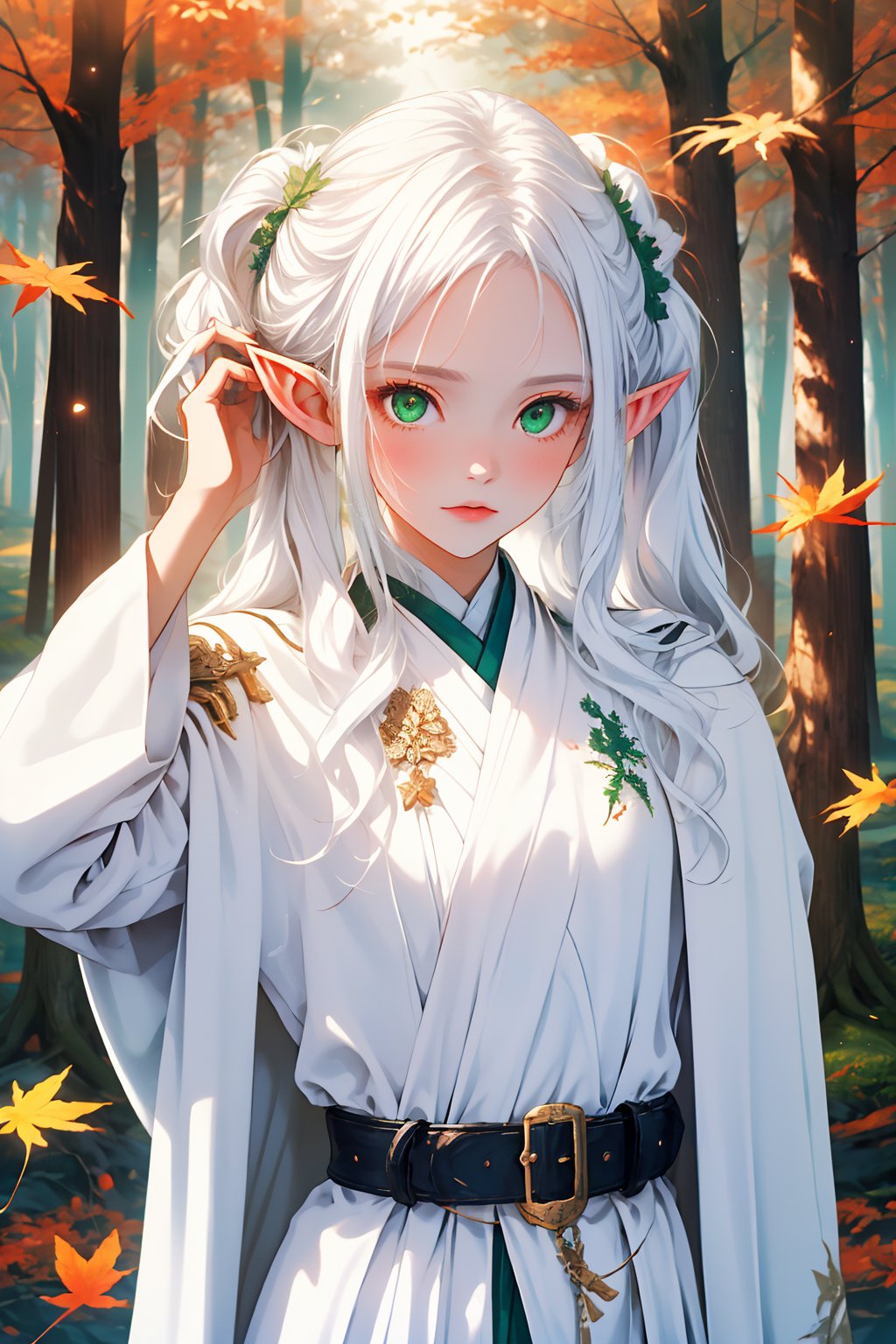 (masterpiece,best quality),((aesthetic,visual appeal)),(autumn,forest),(detailed eyes,green eyes),(petite,cute),((light particles,play of shadow and light)),(white cloak,white robe,belt),(long hair to waist,twintails,white hair),(Elf,beautiful female fingers),((adjusting hair)),pointy ears,