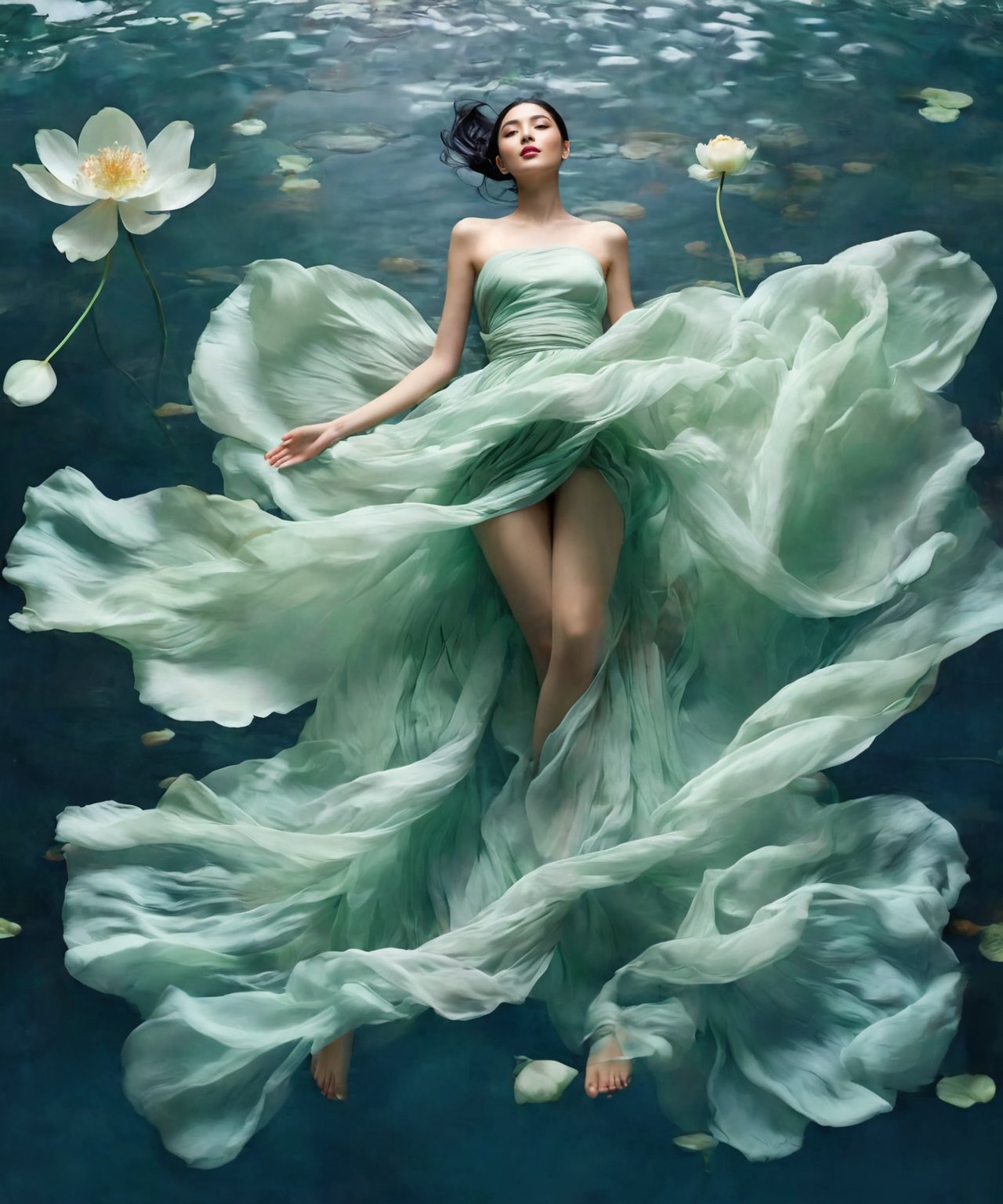 2girl, solo, black hair, bare shoulders, full body, flower, sleeveless, light green dress, silk, floating dress, closed eyes, smile, flying, dramatic light from top, water drop