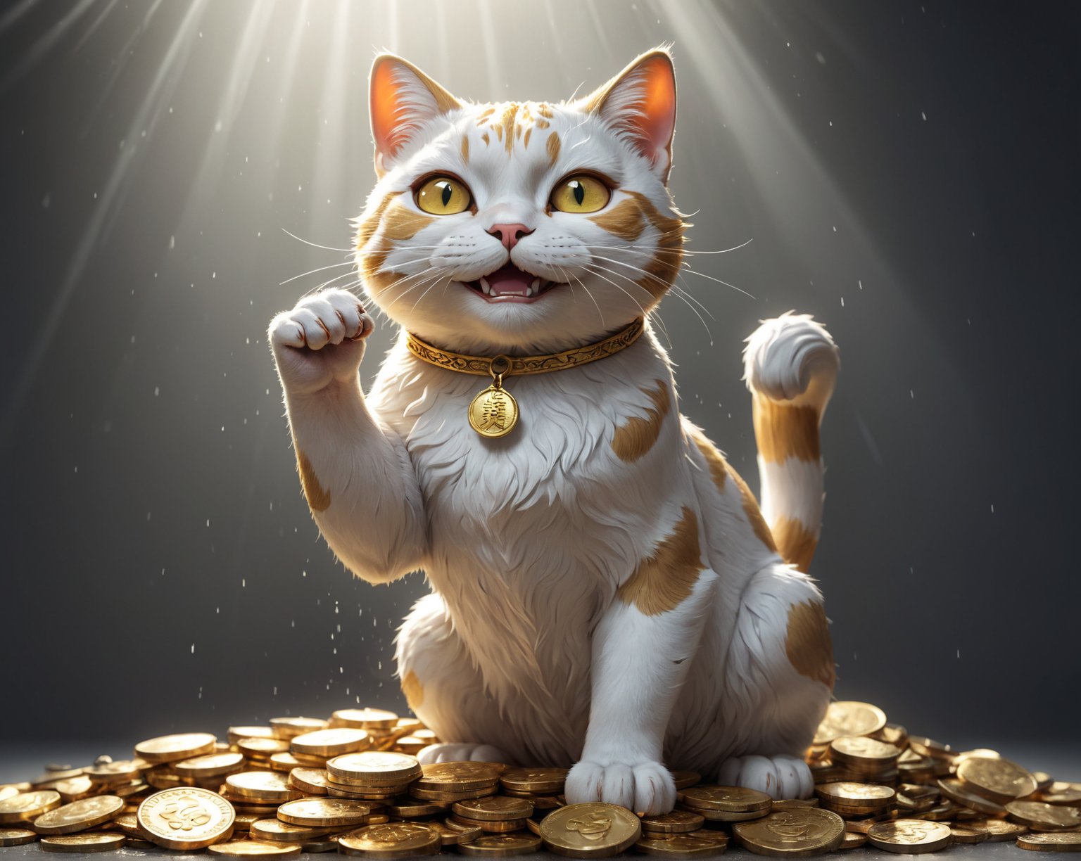 (best quality, masterpiece, highres, ultra-detailed, 8K, RAW image),high details, realisitc detailed, ultra realistic, a charming lucky cat with gold accessories, golden glowing eyes, inlit by a stark white studio light casting an intricate shadows, eye contact, kind smile, bliss, willowy, chiseled, perfect anatomy, 4 fingers, holding sparkling giant gold coin, raining golden coins, stand on top of a pile of golden coins
chrometech, surface imperfections,cinematic_warm_color,colorful,color art, 