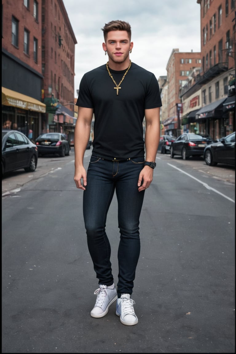 Masterpiece ,black character "Brayo", Ghetto city background,comic style art, he is wearing a black T shirt ,black jeans and sneakers,neck chain jewelry,sunny day , detailed face