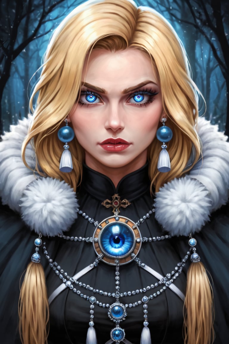 A fierce female warrior fighting in a snowy forest, in Medieval cloak, fur trimmed cloak, long hair, looking at viewer, blue eyes, simple background, (hair ornament), gem, tassel, hair between eyes, jewelry, upper body, earrings, lips, fur trim, eyelashes, portrait, beads, emo, (sharp eyes:1.4), (rebellious:1.4), (fierce:1.4), (standing: 1.2), silver-white hair, Gothic make-up, tough, wild. Kyoto Animation stylized anime, cinematic Lighting, ethereal light, intricate details, extremely detailed, incredible details, full colored, complex details, insanely detailed and intricate, hyper maximalist, gorgeous light and shadow, detailed decoration, detailed lines. Masterpiece, best quality, aerial view, HDR, UHD, unreal engine. looking at the camera, dark Fantasy background, representative, fair skin, beautiful face,A beautiful girl, blonde hair, dynamic character, detailed exquisite face, bold high quality, high contrast,art_booster,DonMS4kur4XL