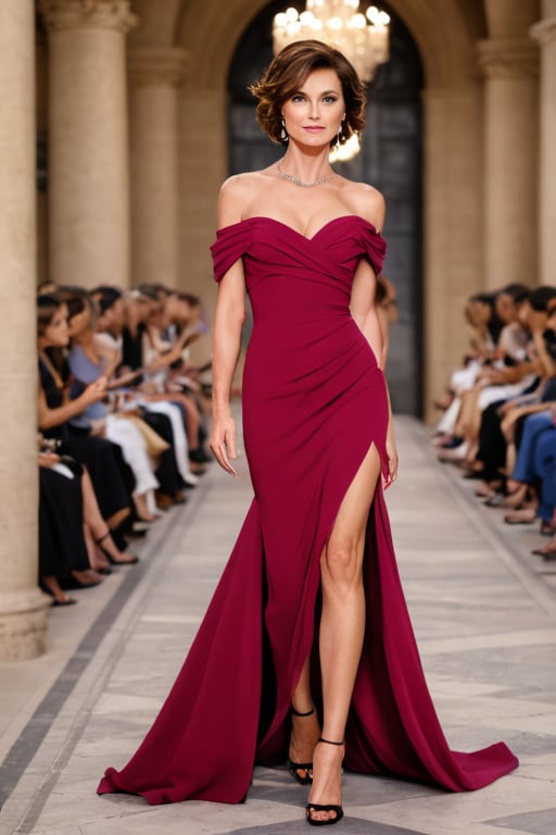 Super-realistic full length photographic image of a very elegant and attractive Italian female Vogue model.  She is 55 years of age, with a stylish haircut, wearing a fashionable designer evening dress and appropriate accessories, subtle makeup, She is taking part in Paris Fashion Week and is walking down the catwalk towards the viewer, the background is a professional fashion show. Extremely detailed, high-quality, hyper-realistic, masterpiece photography. very realistic. In frame, vibrant colors, sharp focus, depth of field, 32k photo, HDR, professional lighting, taken with Canon EOS R5, 75mm lens, soft focus, Vogue Photoshoot Quality.,woman,sprsum,photo r3al