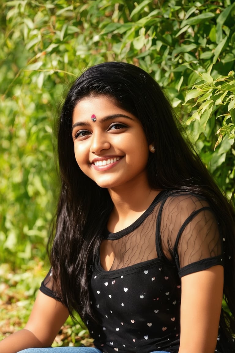 In this stunning photorealistic image, an 18-year-old Indian girl sits serenely amidst lush greenery, her long dark hair framing her captivating smile as she gazes directly at the viewer. Warm sunlight casts a gentle glow on her face, accentuating her radiant grin. She wears a tight-figting black see-through shirt with a heart print, contrasting with the natural surroundings. Her piercing black eyes sparkle with warmth, and a small mole beneath her lips adds to her endearing features.