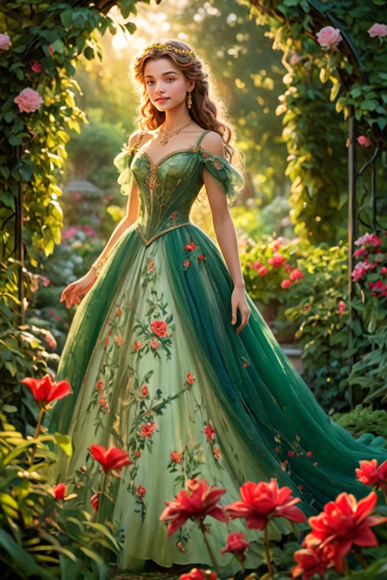 A romantic garden setting at dusk: Soft golden light filters through the lush greenery, casting a warm glow on the 18-year-old princess's enchanting features. Her lips form a heart shape, inviting the viewer to step into her whimsical world. The air is filled with the intoxicating scent of red flowers, drawing us closer. Framed by a stunning dark green gown, she stands amidst the garden's splendor, diamond-adorned necklaces and earrings sparkling in the soft breeze.