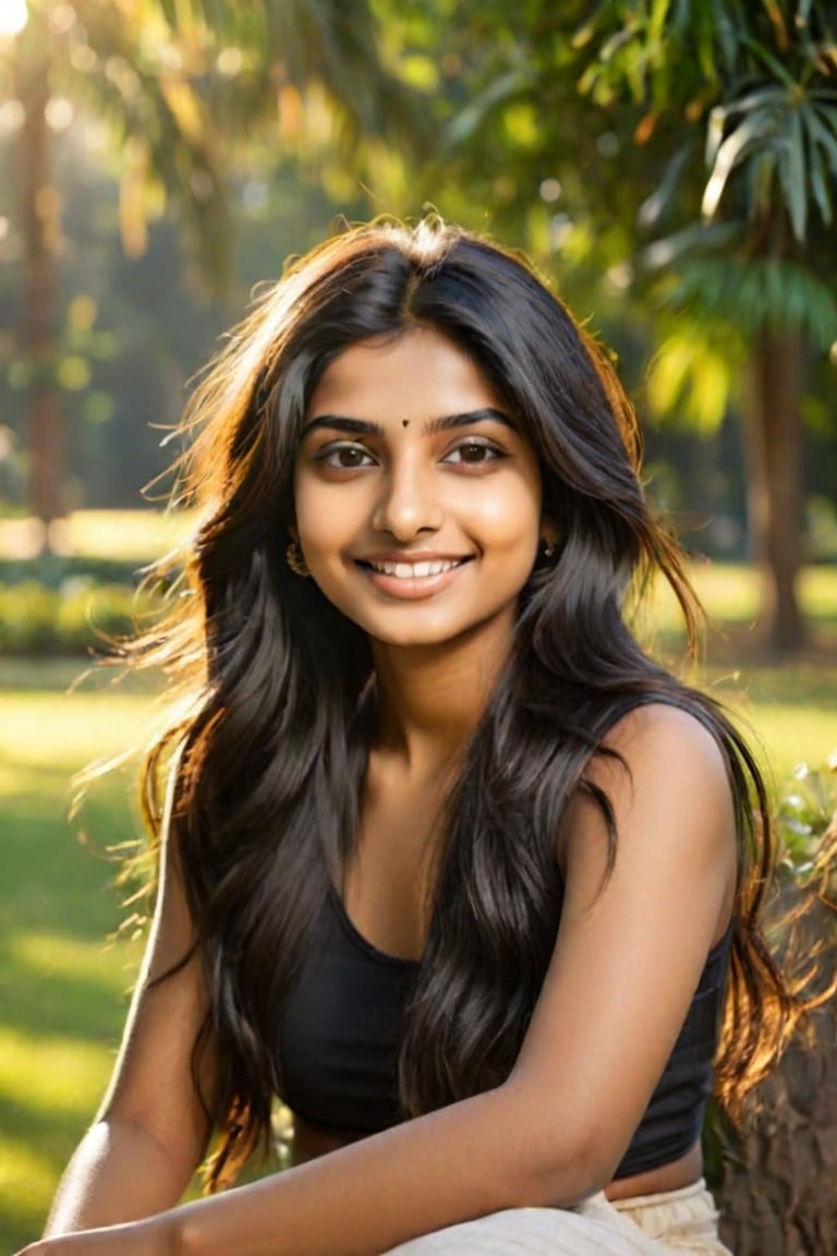 A 20-year-old Indian girl sits serenely on park grounds, long dark hair framing her captivating smile as she gazes sideways at the viewer. Warm sunlight casts a gentle glow on her face, accentuating her radiant grin. A tight black bikini provides a striking contrast to the natural surroundings.she has tan strips on her body .Her piercing black eyes sparkle with warmth, and a small mole beneath her lips adds to her endearing features.,Indian Model,Beautiful Instagram Model