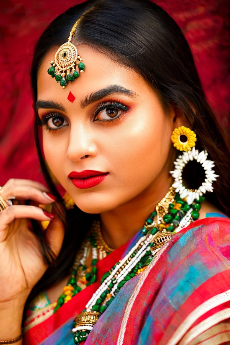 A photorealistic portrait of a radiant young Indian woman, shot from an intimate close-up perspective. Her piercing dark eyes, framed by luscious lashes, dominate the frame, as she cradles her face in both hands, highlighting the subtleties of her features. her sumptuous red lips, painted with precision, draw the viewer's gaze into the inviting warmth of the scene.