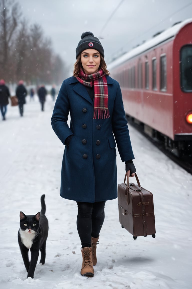 masterpiece, (photorealistic:1.4), 2 cats, walking, realistic, hat, ((holding)), standing, bag, scarf, blurry, coat, no humans, depth of field, blurry background, animal, cat, walking, realistic, beanie, winter clothes, ((UK style clothes)), animal focus, suitcase, clothed animal, falling_snow, at train station,