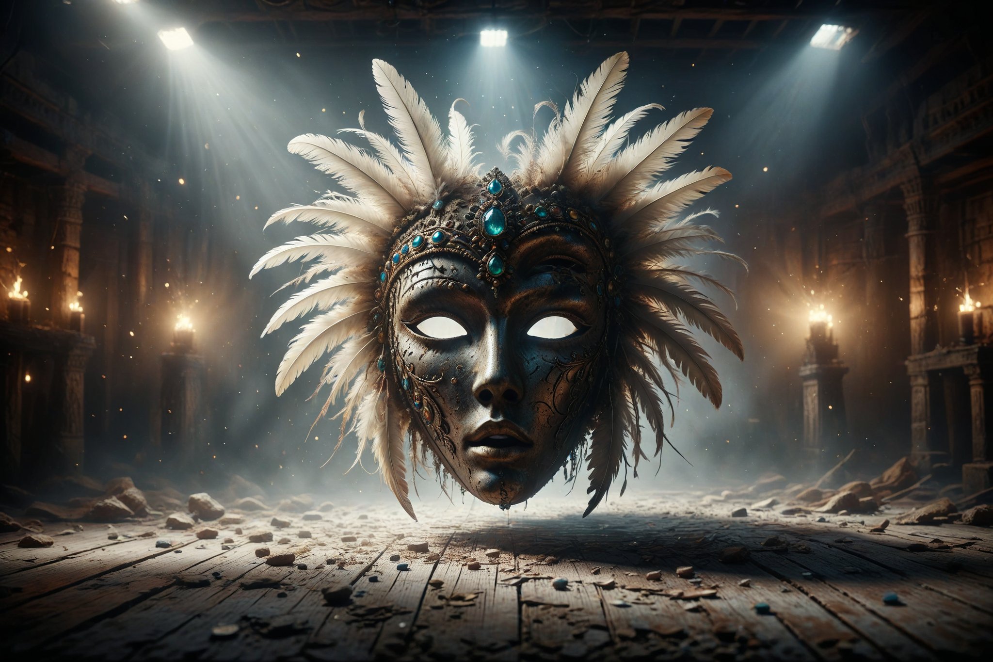 An ancient mask adorned with feathers and gems, suspended in the air and emitting flashes of light in an empty room.