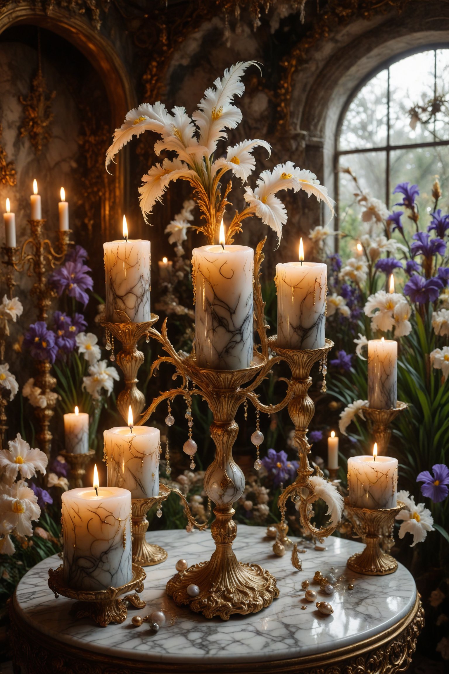 A candle with marble texture and interesting, surreal organic curves, in a surreal garden with golden candelabras and blooming irises. Inlaid decorative gold accents, feathers, diamonds, and iridescent bubbles.