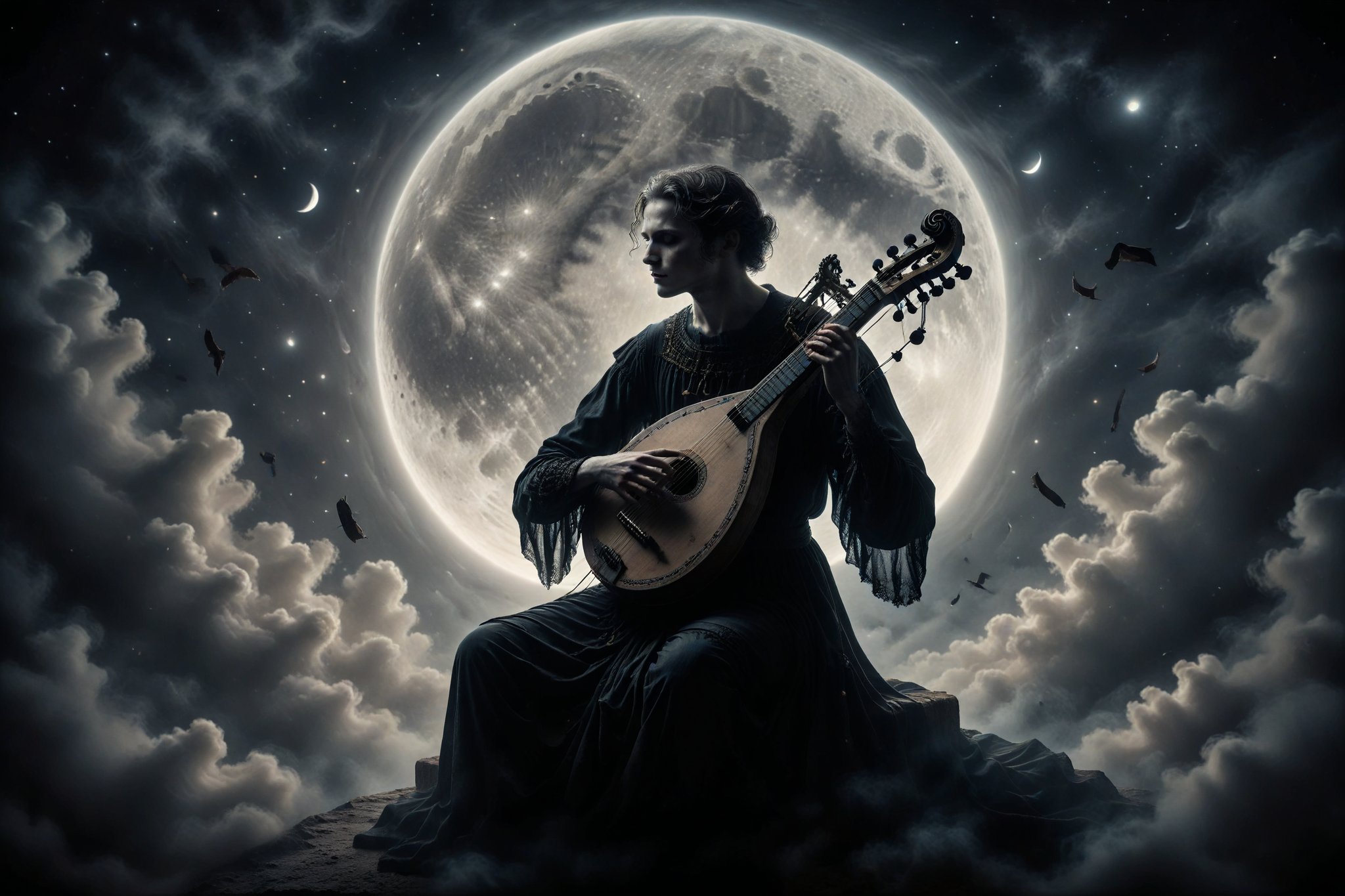 A  pale-skinned minstrel in black attire, playing a lyre whose strings resonate with melodies evoking images of dancing shadows under a waning moon.