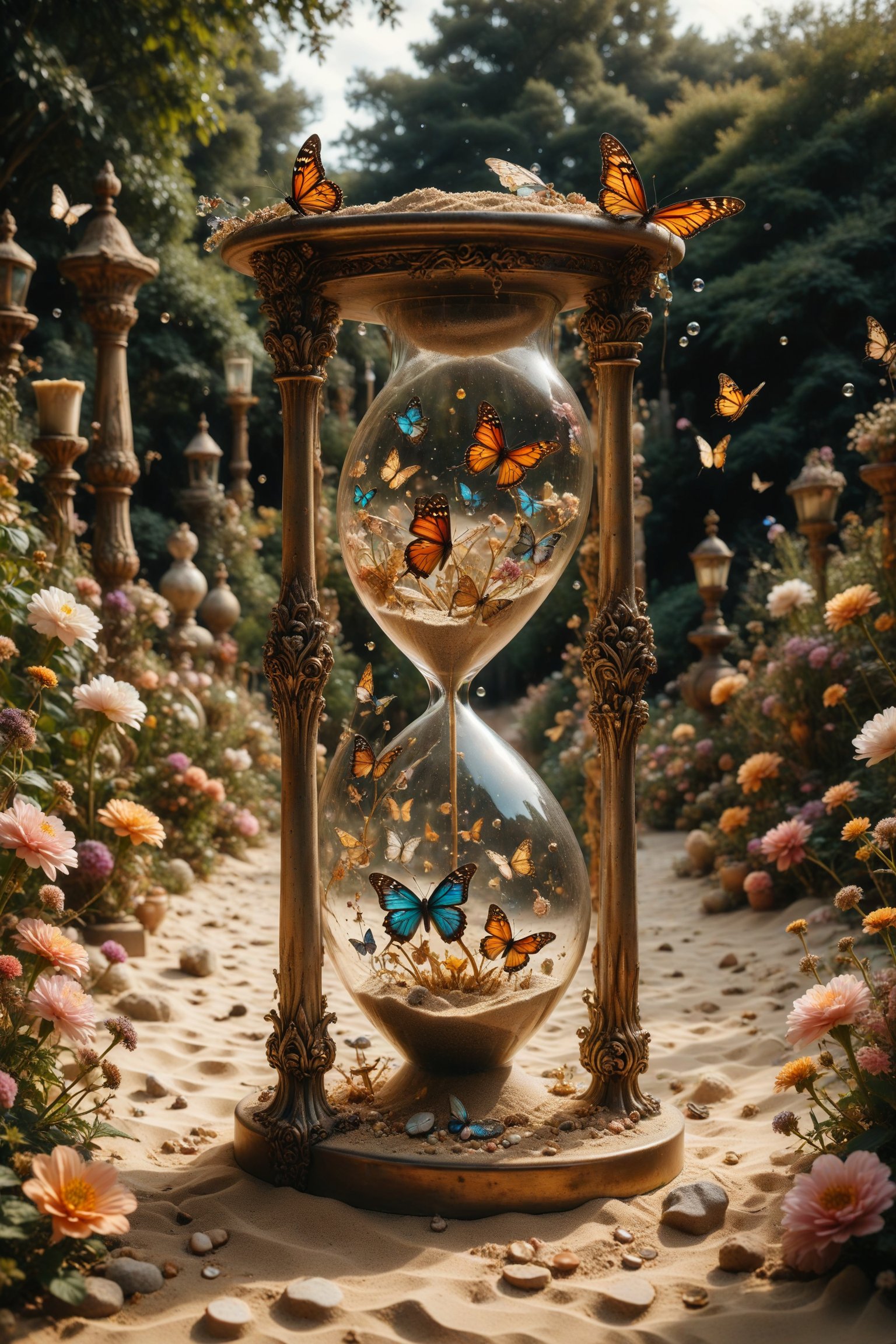 An hourglass with interesting, surreal organic curves, in a garden where sand flows among living butterfly flowers, with candelabras resembling butterfly wings. Inlaid butterfly gardens, decorative gold accents, feathers, diamonds, and iridescent bubbles.