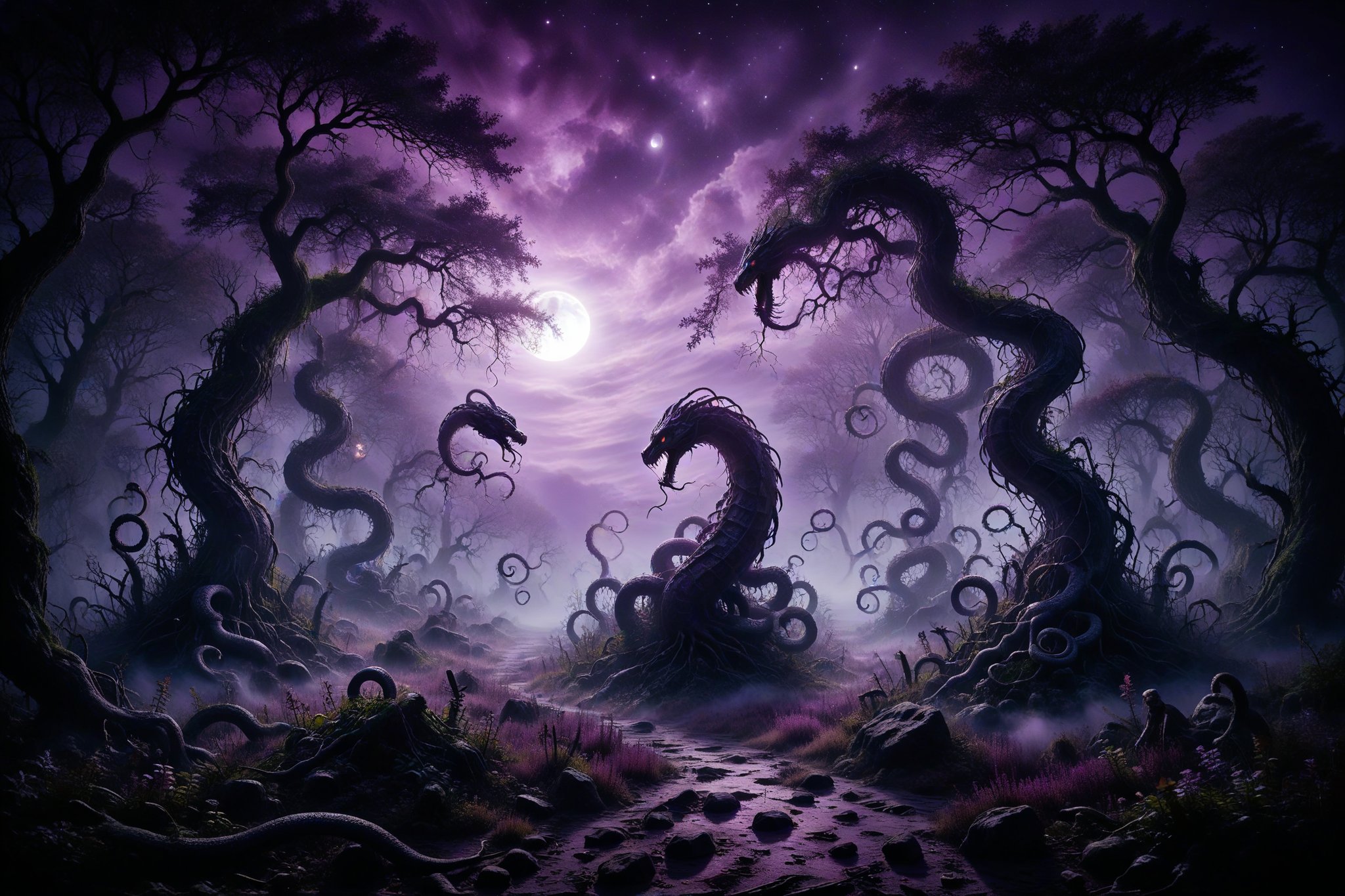 A nighttime dance of shadows twisting and intertwining like serpents in a forest clearing shrouded in purple mist, under the watchful gaze of the full moon.