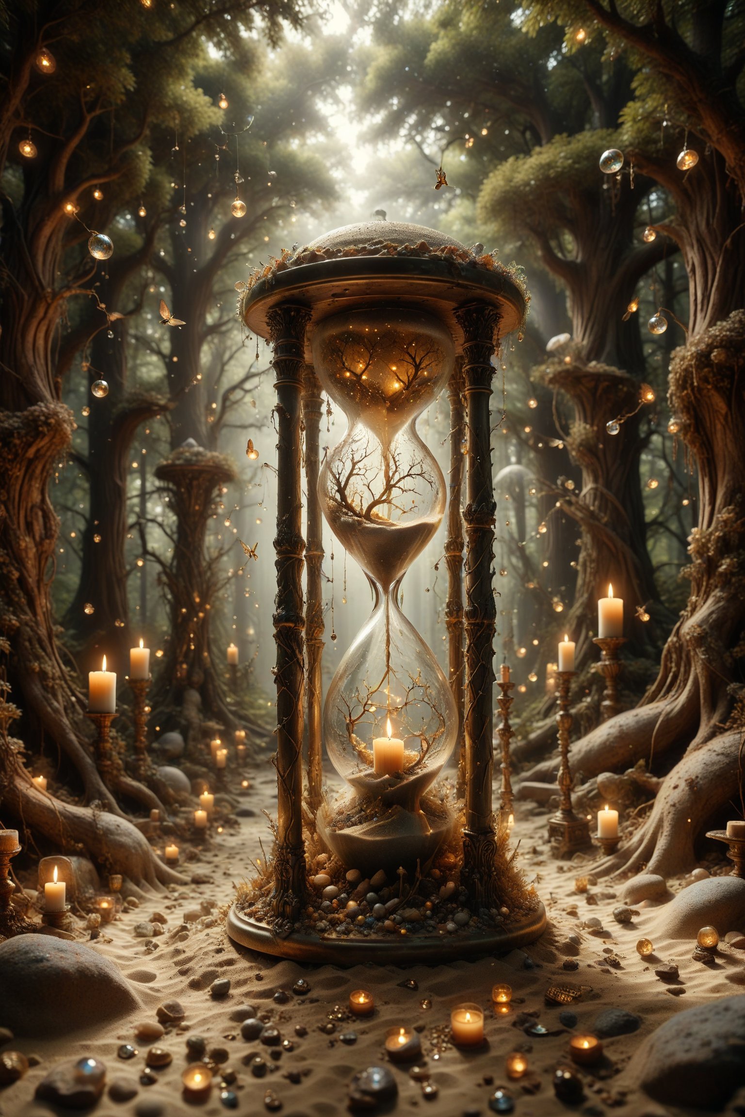 An hourglass with interesting, surreal organic curves, in an enchanted forest where sand flows among crystallized trees, with candelabras resembling glowing fireflies. Inlaid magical forests, decorative gold accents, feathers, diamonds, and iridescent bubbles.